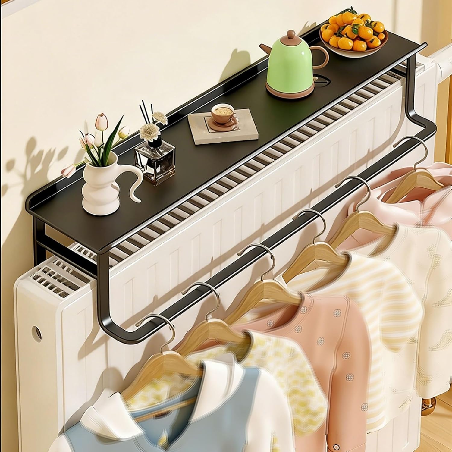 No Drill Metal Radiator Shelf with Clothes Rack & Guardrail - High Load Capacity, Multifunctional for Living Room, Bedroom, Office (Black, 58x14x12cm)