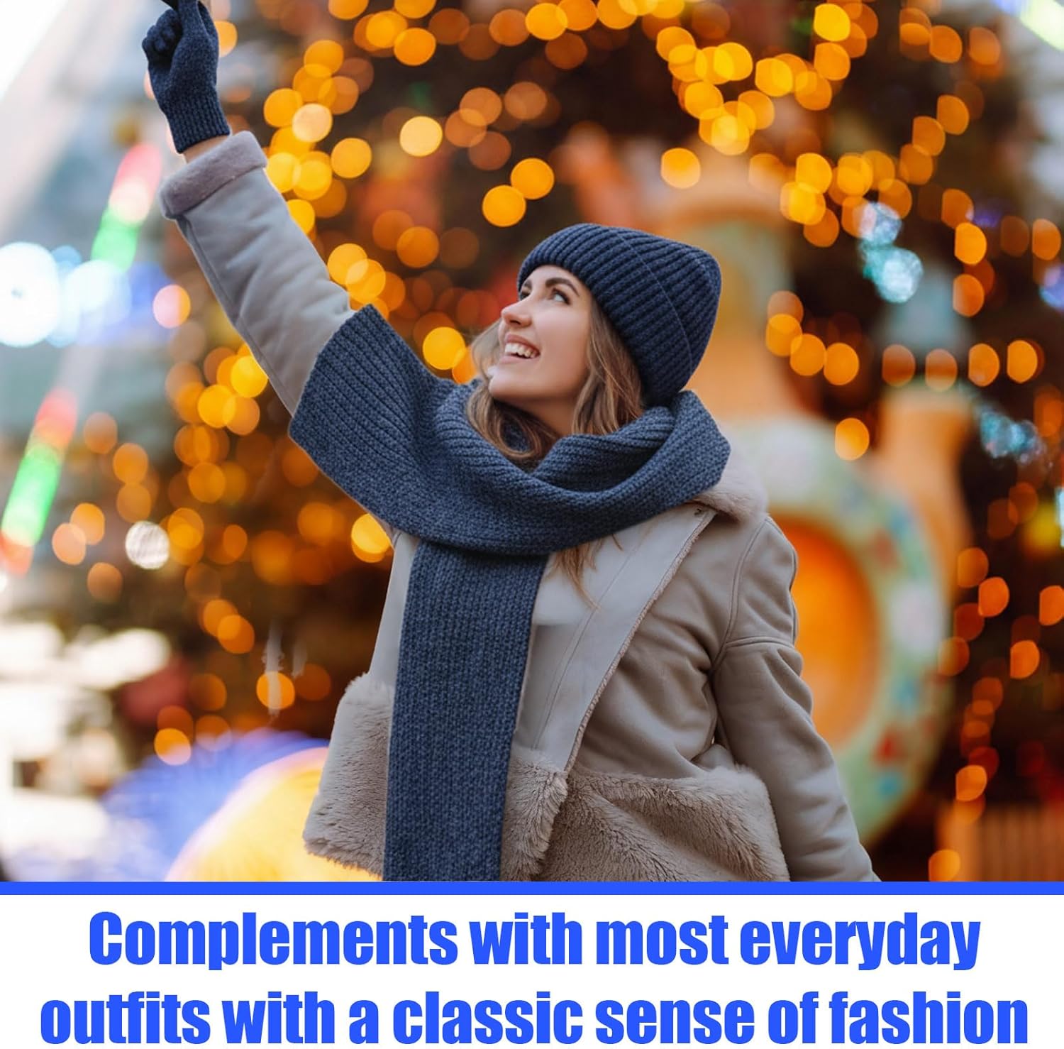 4 Pcs Winter Hat Scarf Gloves Headband Set Knit Beanie Touch Screen Gloves Long Scarf Valentine Gift for Women Men - Image 3