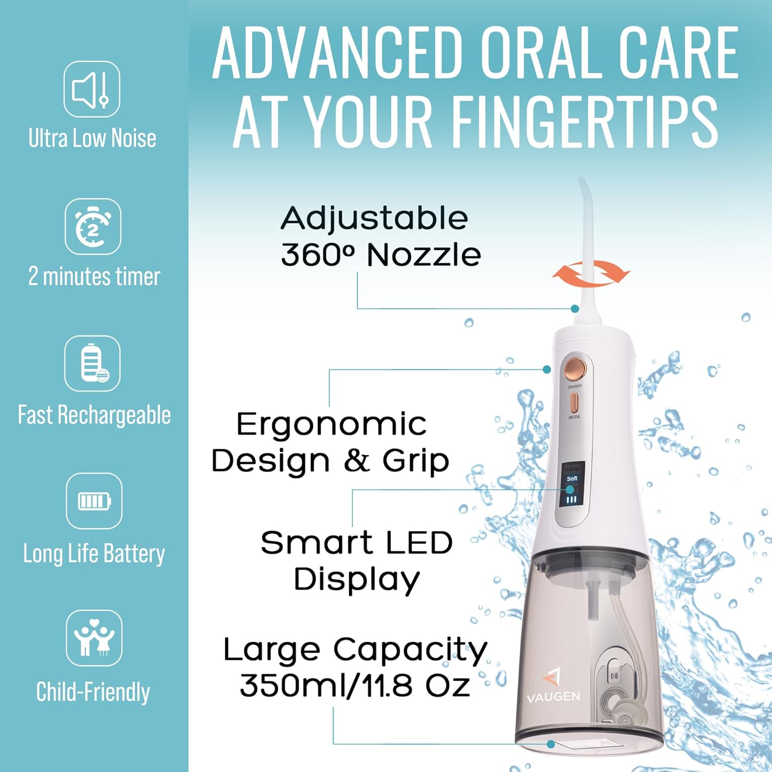 Cordless Portable Water Flosser for Teeth | Deep Cleaning, Gentle on Gums | 5 Smart Modes | LED Display | 350ML Tank | IPX7 Waterproof | 8 Tips | Rechargeable