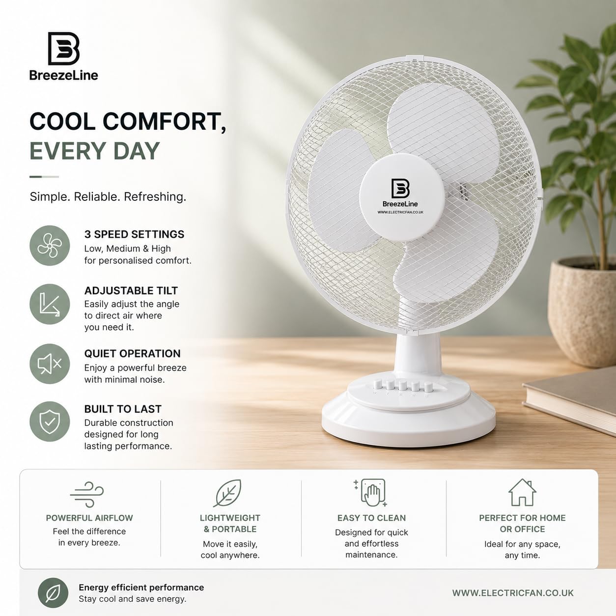 Tischventilator 30 cm mit EnergySilence 3 Geschwindigkeitsmodi 90° Oszillation 40° Neigung hochwertiges Metallgehäuse kompakter Ventilator für Büro Küche und Schlafzimmer