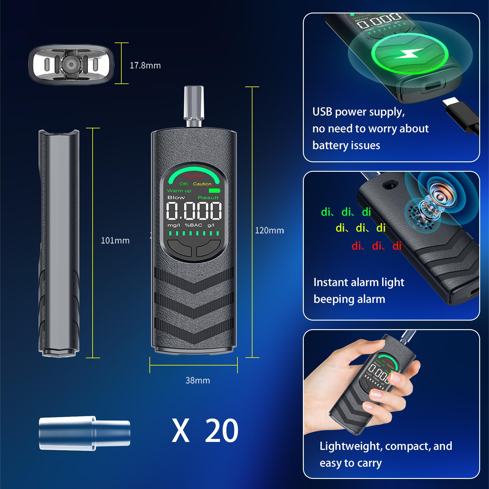 Alkoholtester, Alkoholmessgeräte Polizeigenau Promilletester mit USB-C Akku, Professioneller Alkohol Tester mit 20 Mundstücken und Digitaler LCD Bildschirm