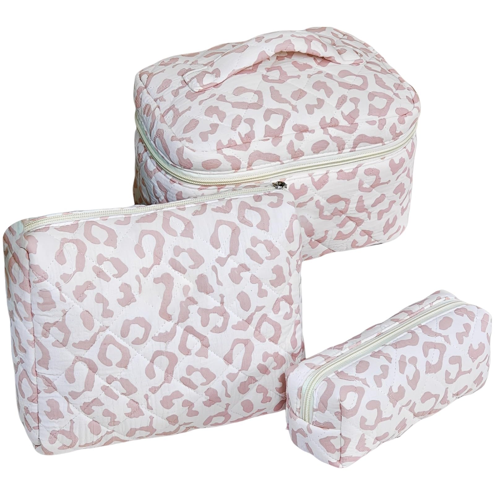 3 STK. Kosmetiktaschen Set, Pinkes Leopardenmuster, Gesteppte Baumwoll-Kulturbeutel für Reisen, Organizer mit großem Fassungsvermögen, tragbare Make-up-Pinseltasche, 29 x 17 x 4 cm