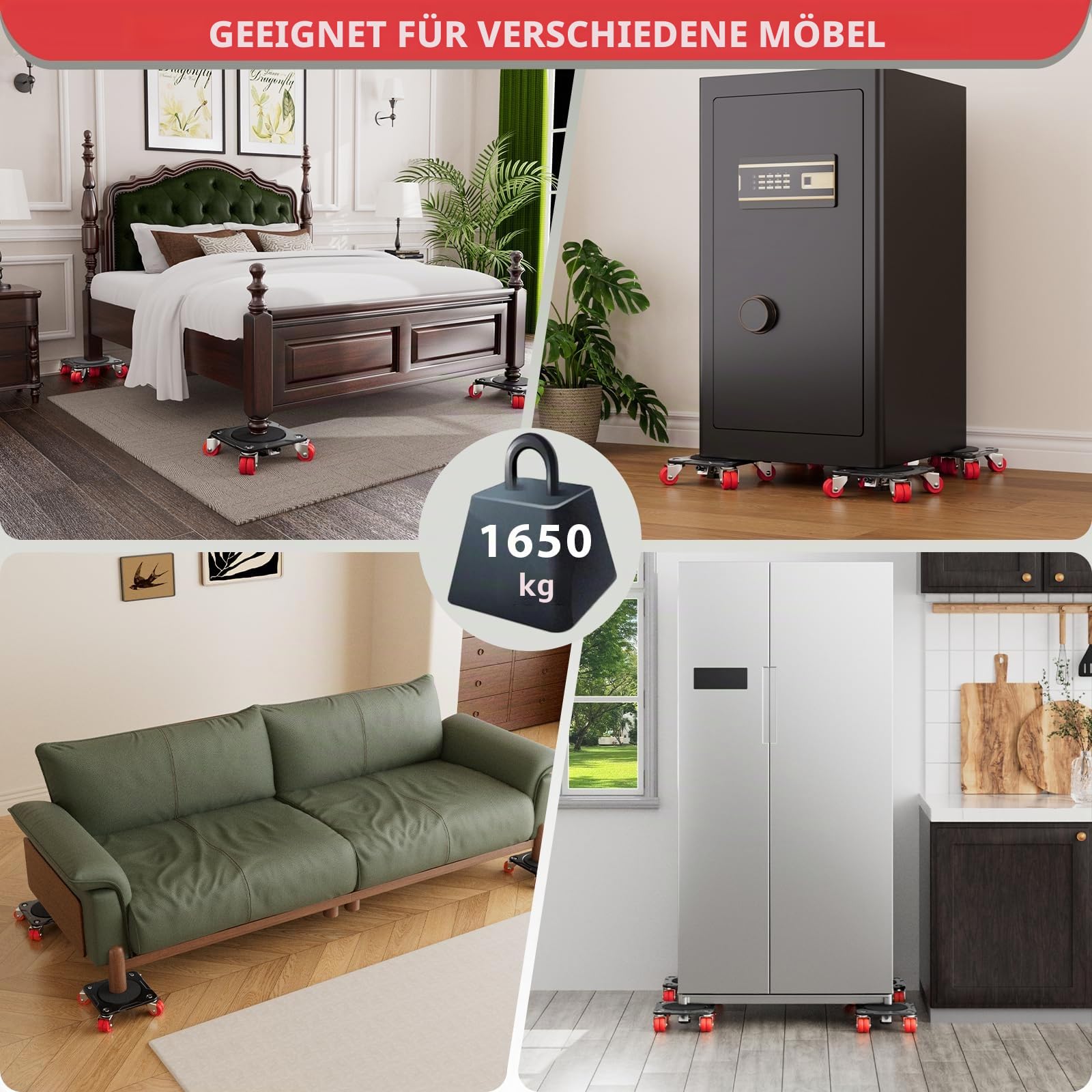 ONEON Möbel Transportrollen Set mit Möbelheber Schwere(8 Doppel-R.) | Möbelheber für schwere Möbel Transportroller mit Doppelrädern, Verstärkte Karbonstahl-Plattform bis 750 kg belastbar