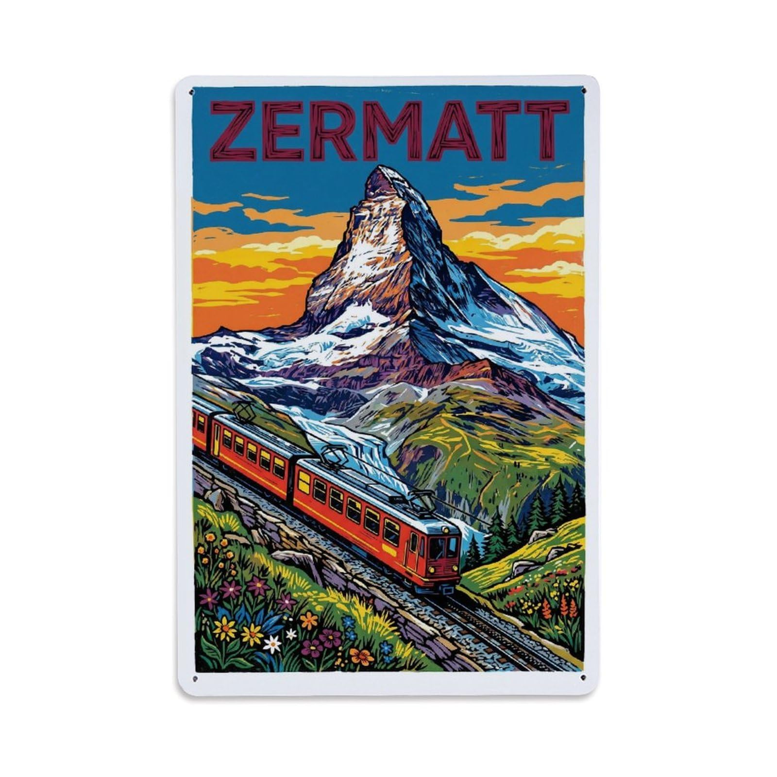 Olhnbad Style Alpine Mountain Travel Zermatt Switzerland Graphic Metal Tin Sign