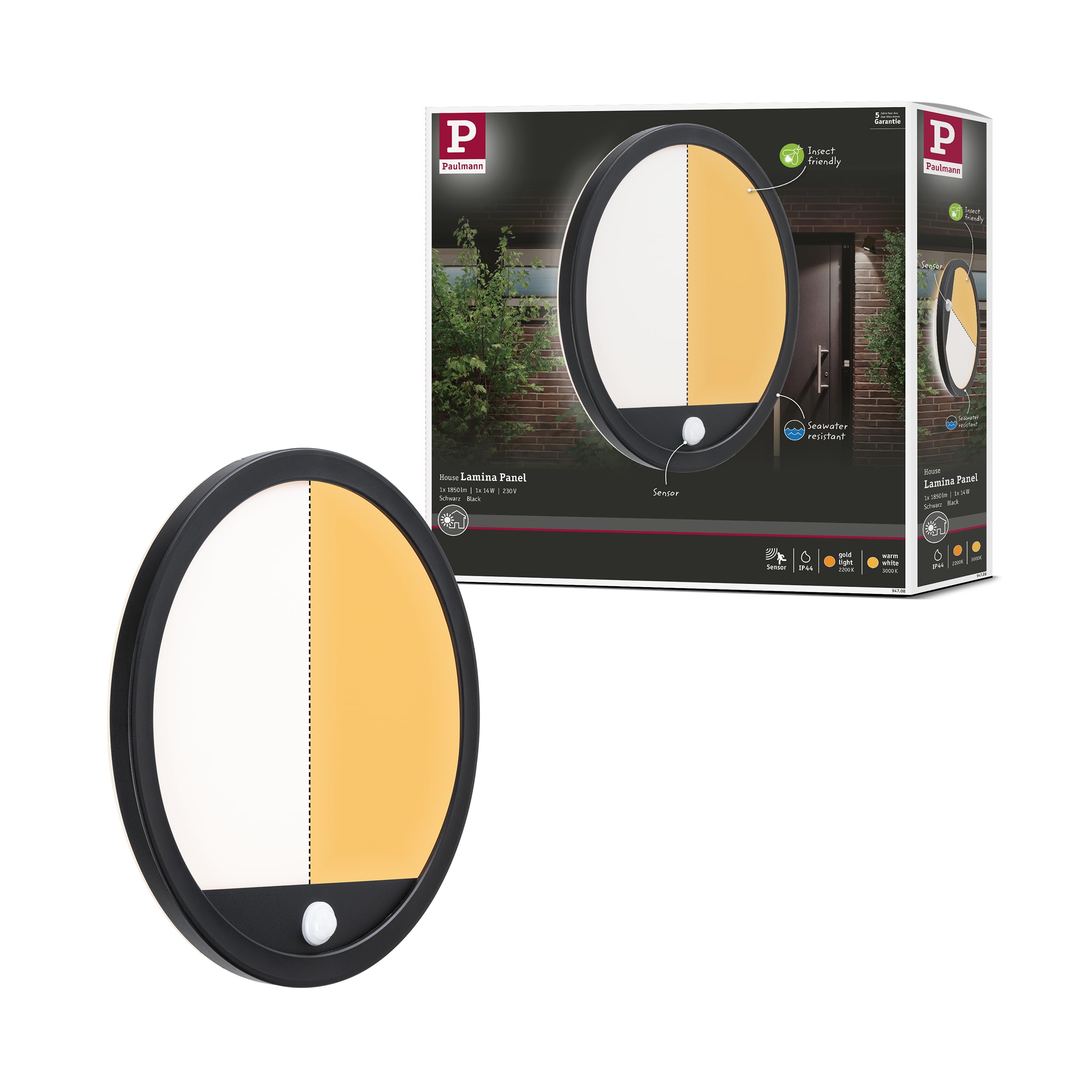 Paulmann Paulmann 94708 LED outdoor luminaire panel Smart Home Zigbee Lamina Sensor IP44 round 280mm 2200-3000K 14W 1150lm black plastic Tunable Warm