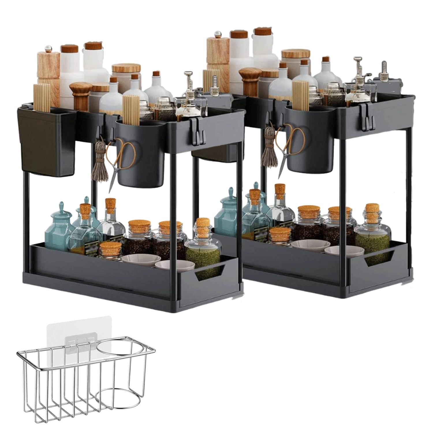 2 Pack Under Sink Organizer with Sponge Rack, Kitchen Organizer & 8 Hooks, 2 Tier Bathroom Pull-Out Cabinet Oganizer with Sliding Baskets Under Bathroom storage for Home