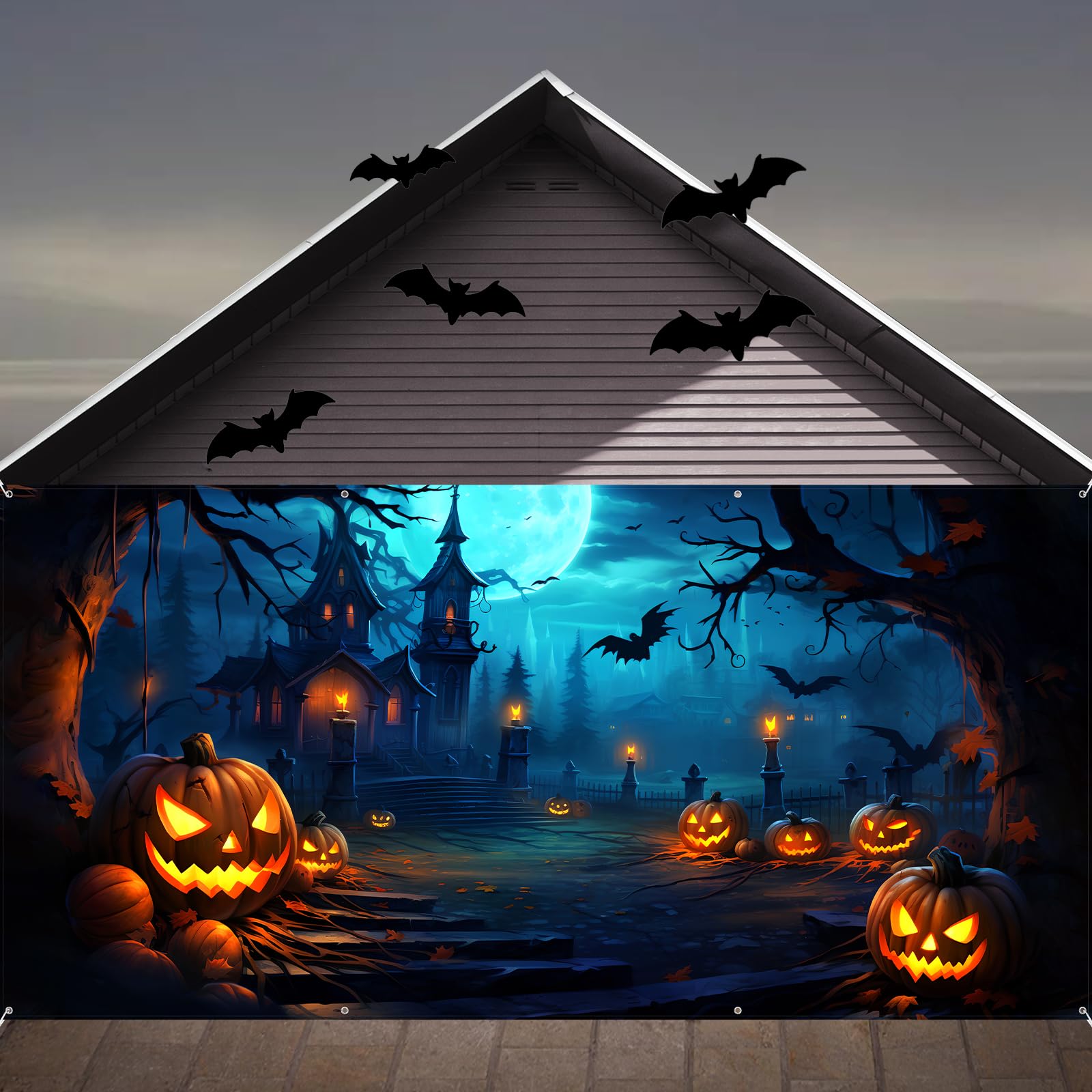 Halloween Decorations Garage Door Cover, Large Hanging Backdrop Door Cover Halloween Garage Wall Decorations for Outdoor Home Yard Garage Door