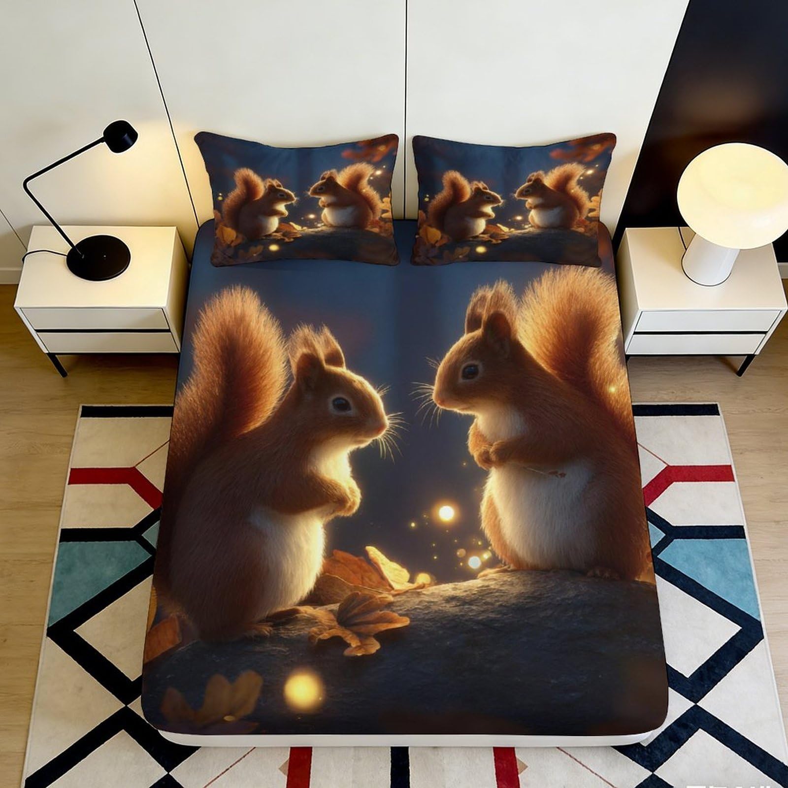 3D Printed Squirrel Forest Fitted Sheet Microfiber Soft Breathable Woodland Bed Cover for Bedroom Dorm Decor 90x200x25cm