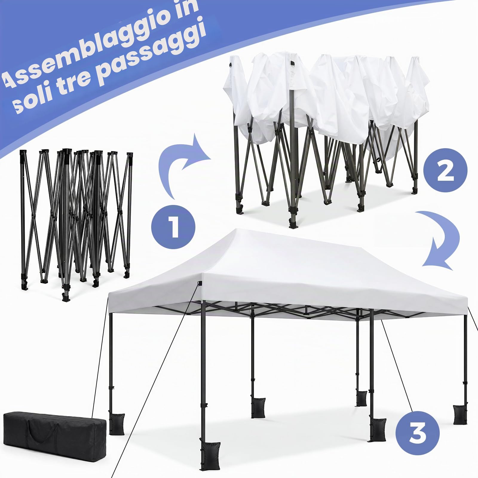 VOWNER Gazebo 3x6m Pieghevole Impermeabile, Gazebo Esterno Resistente Pop-up Regolabile in Altezza, Giardino Protezione UV 50+,Padiglione con Borsa, Bianco