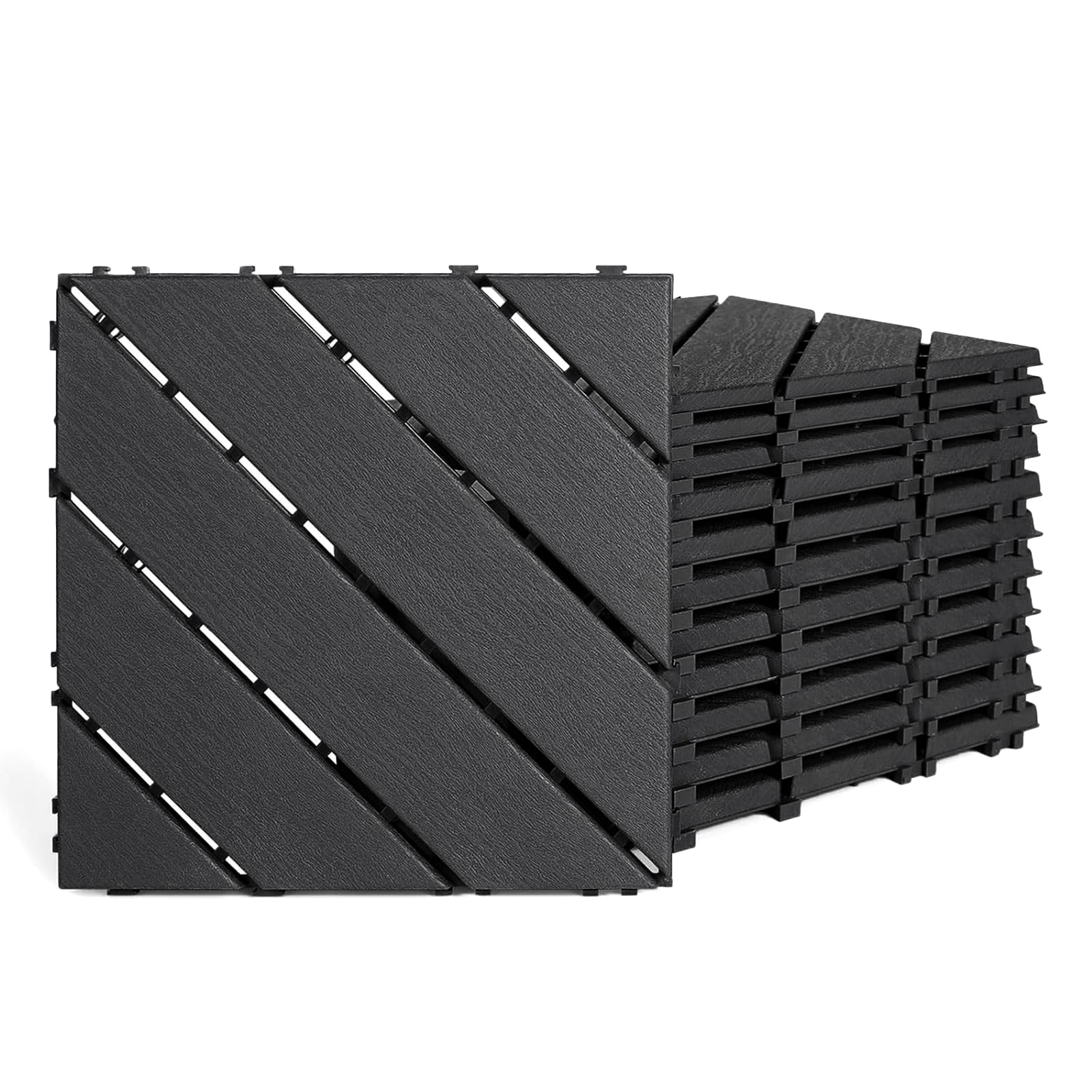 Nicoman Lot de 12 dalles de terrasse en PVC avec système à clic - 30 x 30 cm - Imperméables et antidérapants - Surface aspect pierre - Revêtement de sol pour balcon, terrasse, jardin et piscine (noir