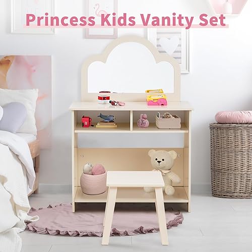 Miniatura 6 de Vanity - Juego de tocador para niñas con espejo y taburete, tocador para niños con espejo de nube, 2 cajones, juego de tocador para niños con espejo
