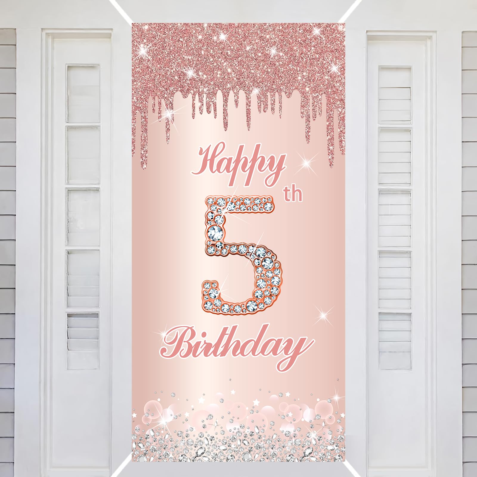 5th Happy Birthday Decorations Door Banner Pink Rose Birthday Banner for Party Backdrop for Women Door Cover Party Decoration Supplies Poster — image 1