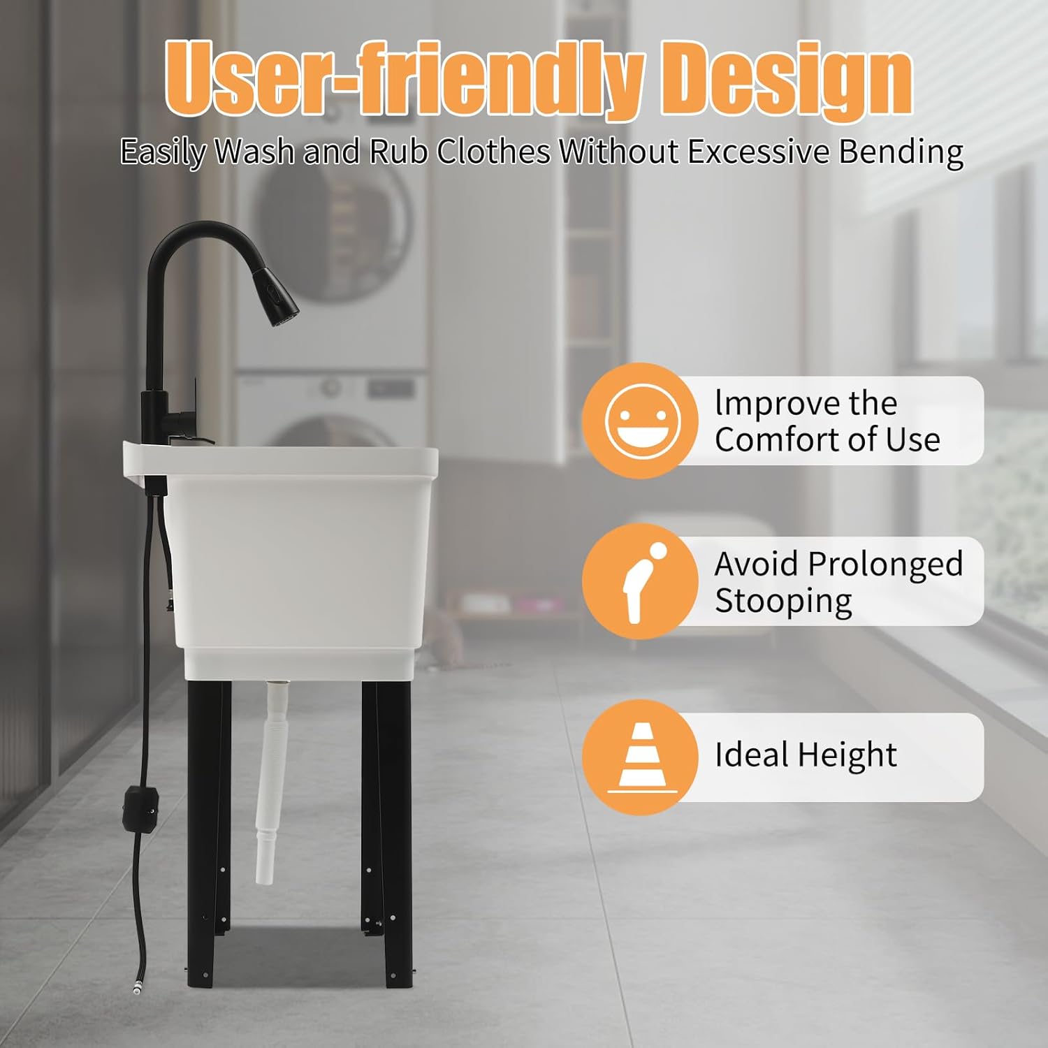 Home Laundry & Utility Sinks, Free Standing Laundry Sink with Soap Dispenser, Outdoor Sink Slop Sinks Laundry Tub Garage Sink for Washing Room (White)