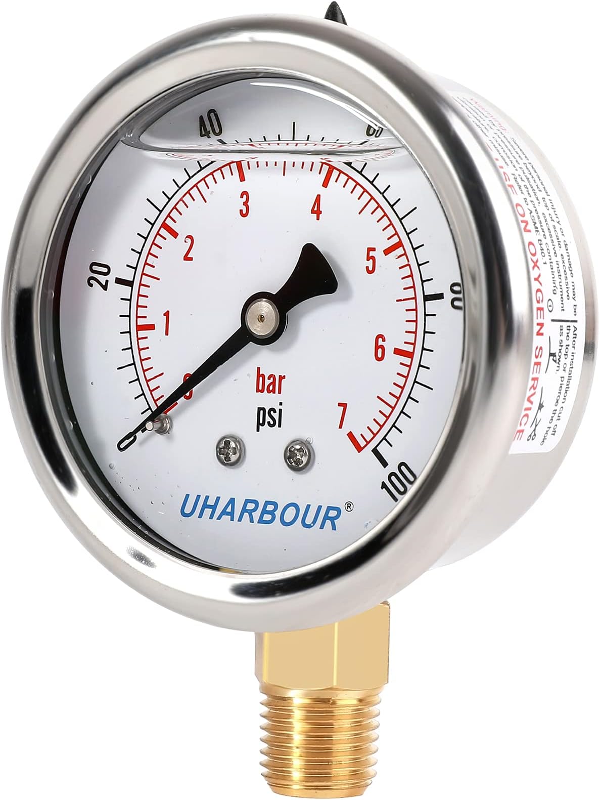 Glycerin Filled Pressure Gauge 100psi/7bar, Stainless Steel case, Brass Inside Construction, 2-1/2" dial, 1/4"NPT Lower Connection.