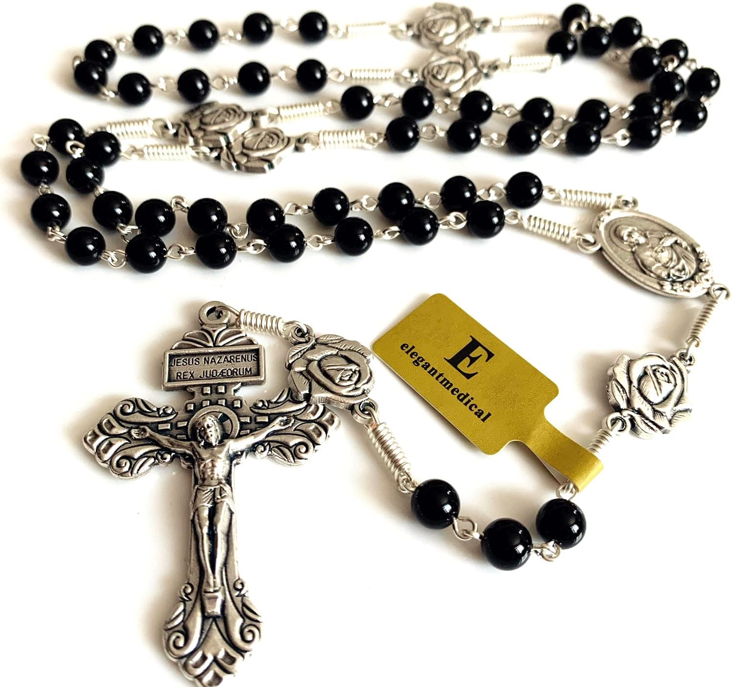 elegantmedical HANDMADE Lady of Fatima Black Agate Beads Gift Rosary Necklace Cross Pardon Crucifix Catholic Gifts