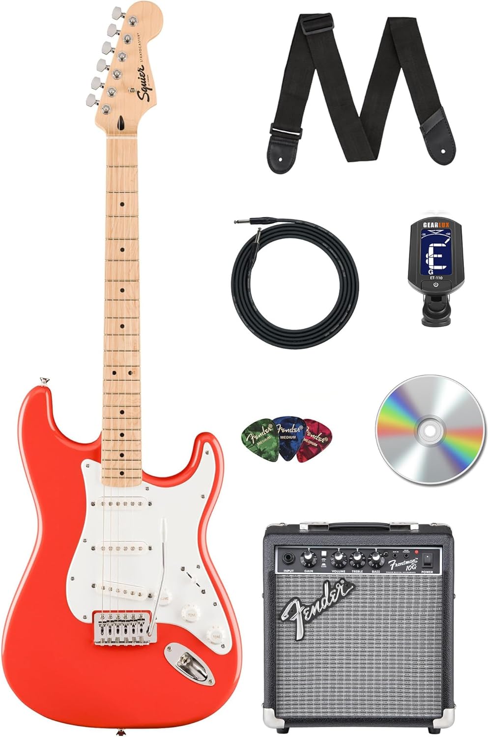 Fender Squier Sonic Stratocaster - Fiesta Red Bundle with Amplifier, Instrument Cable, Tuner, Strap, Picks, and Austin Bazaar Instructional Video