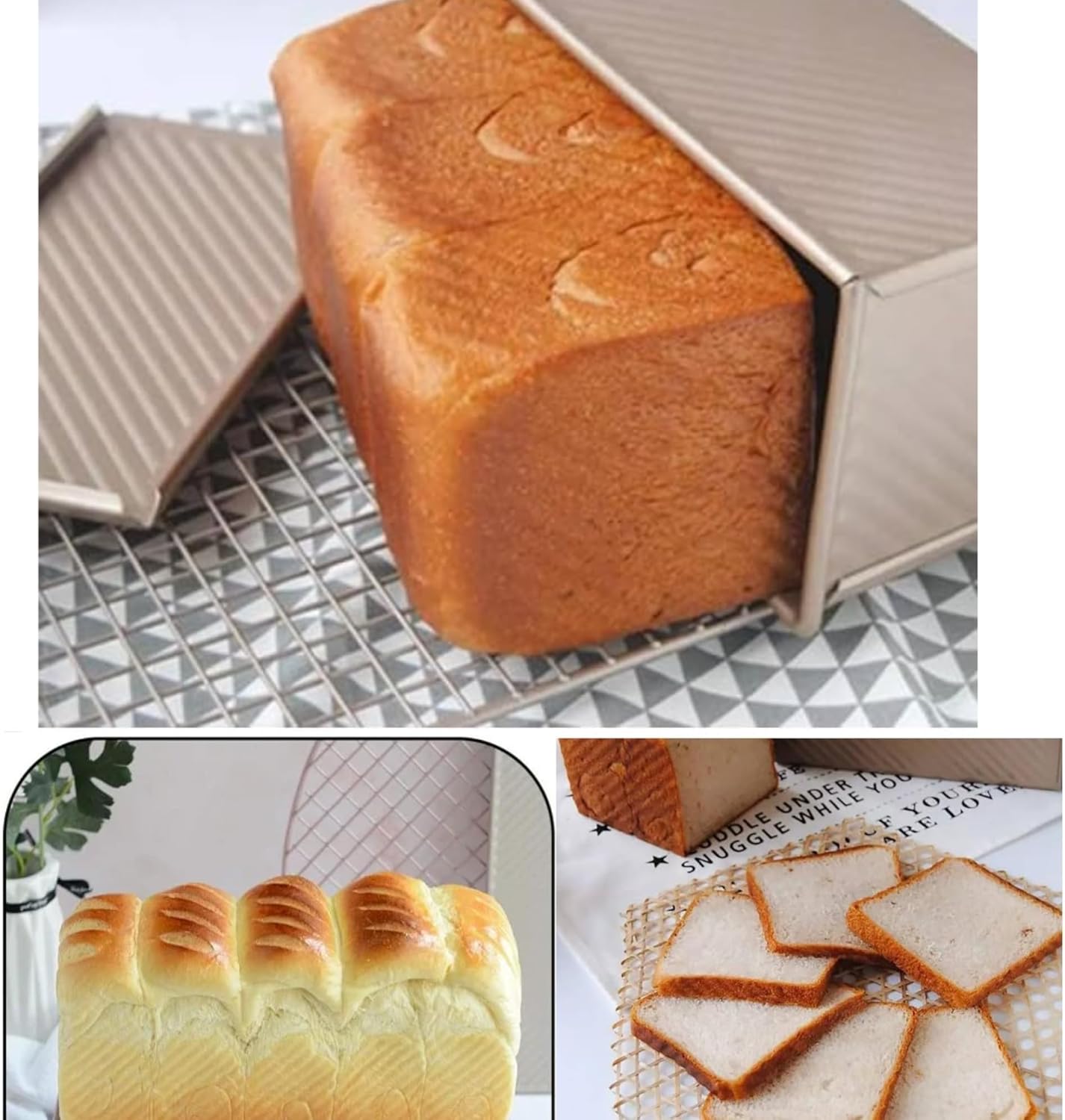 Pullman Loaf Pan with Lid, Non-Stick Bread Pan with 3 Dough Scrapers, Rectangle Pullman Loaf Tin for Sandwich & Sourdough Bread Baking