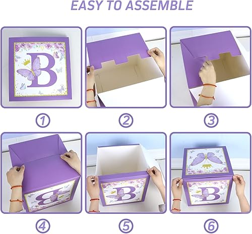 Miniatura 5 de Decoraciones de cajas de baby shower de mariposa morada, 4 cajas de globos morados con letra de bebé, letras impresas, decoración de centro de mesa