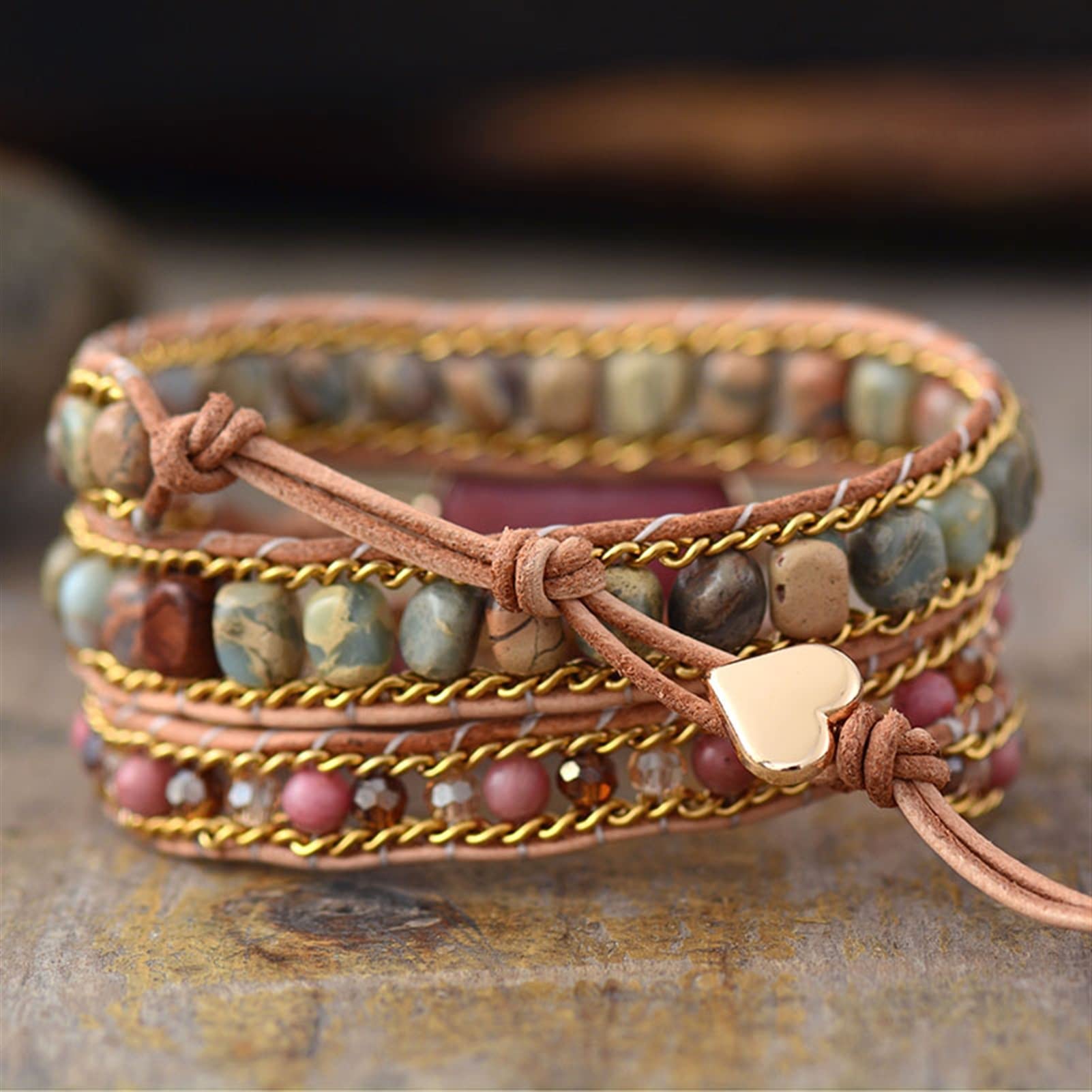Luxus Herzform Wickelarmbänder W/Jaspis Kristall 3 Stränge Leder Kettenarmband Mode Bijoux Schmuck Armband Schmuck