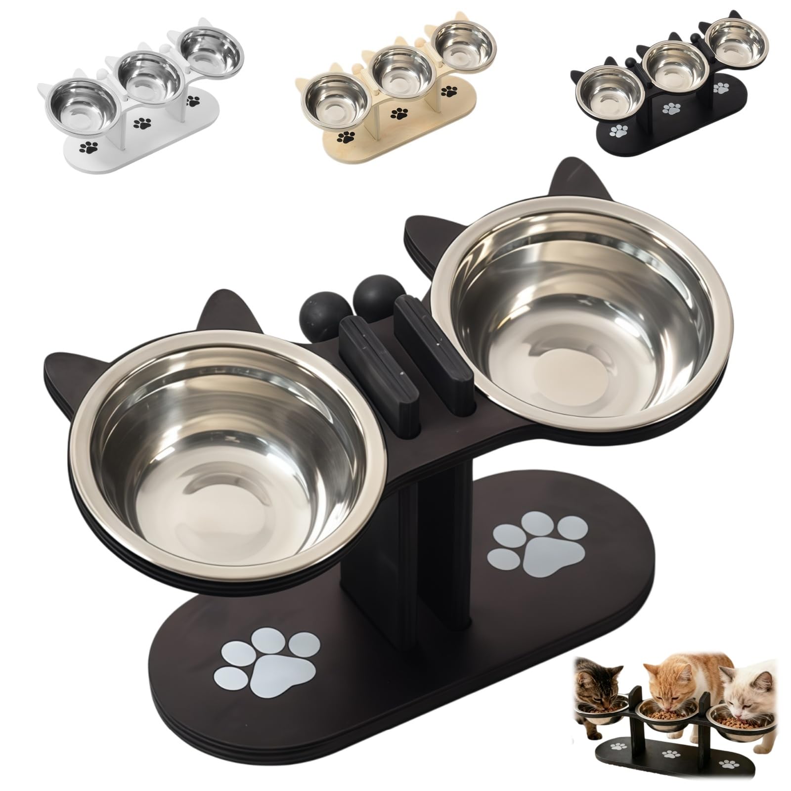 Anti-Slip Elevated 3-Bowl Pet Feeder, Elevated Feeding Station with Wooden Stand, Stainless Steel Cat Feeding Station, Cat Bowls with Stand Tilted for Food & Water (2Black)