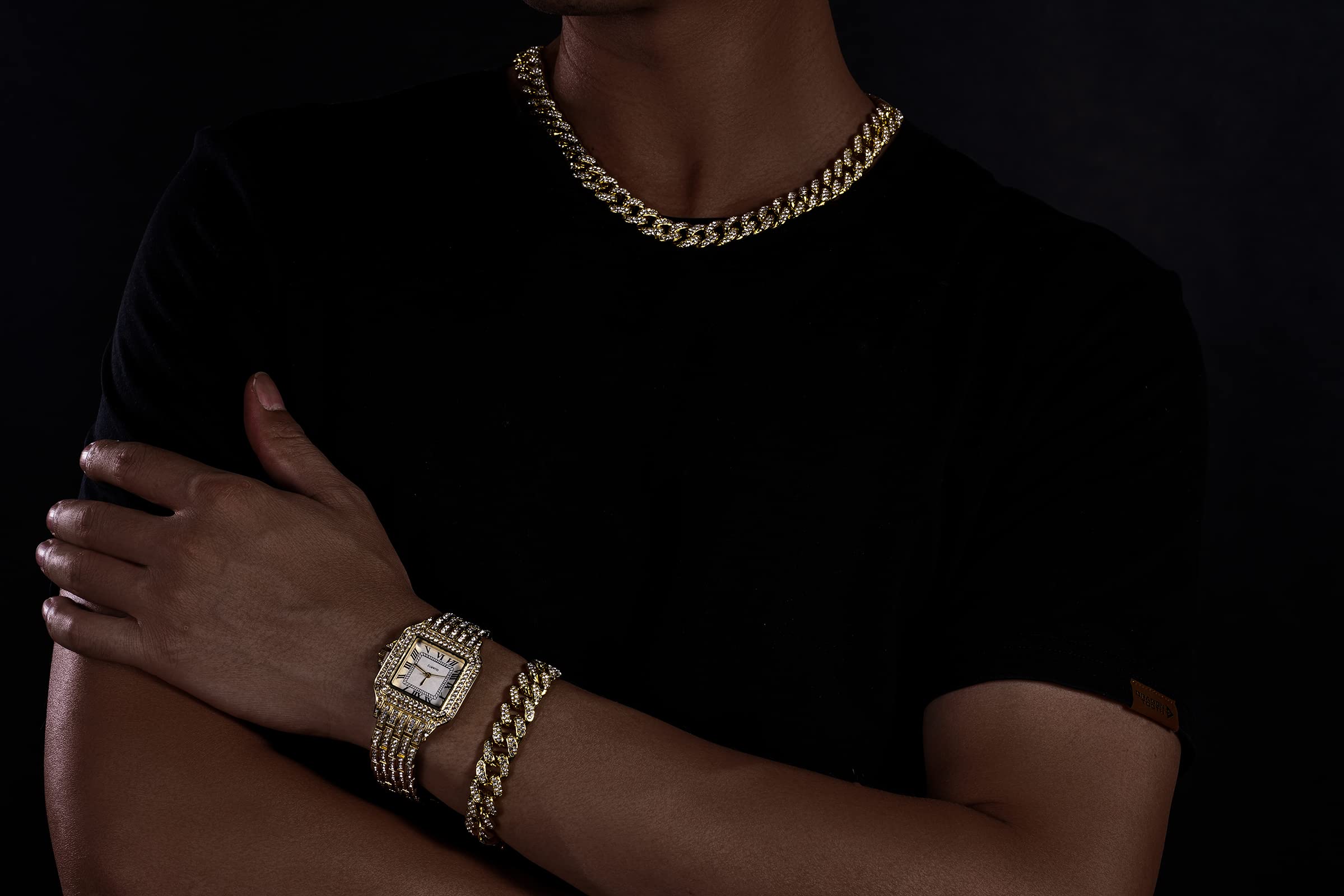 HALUKAKAH Reloj de Oro con Diamantes,Hombre Chapado en Oro de 18 Quilates/Oro Rosa/Oro Blanco Chapado en Platino 33MM Ancho Esfera Cuadrada Cuarzo 20cm con Cadena de Cubanos Collar Pulsera