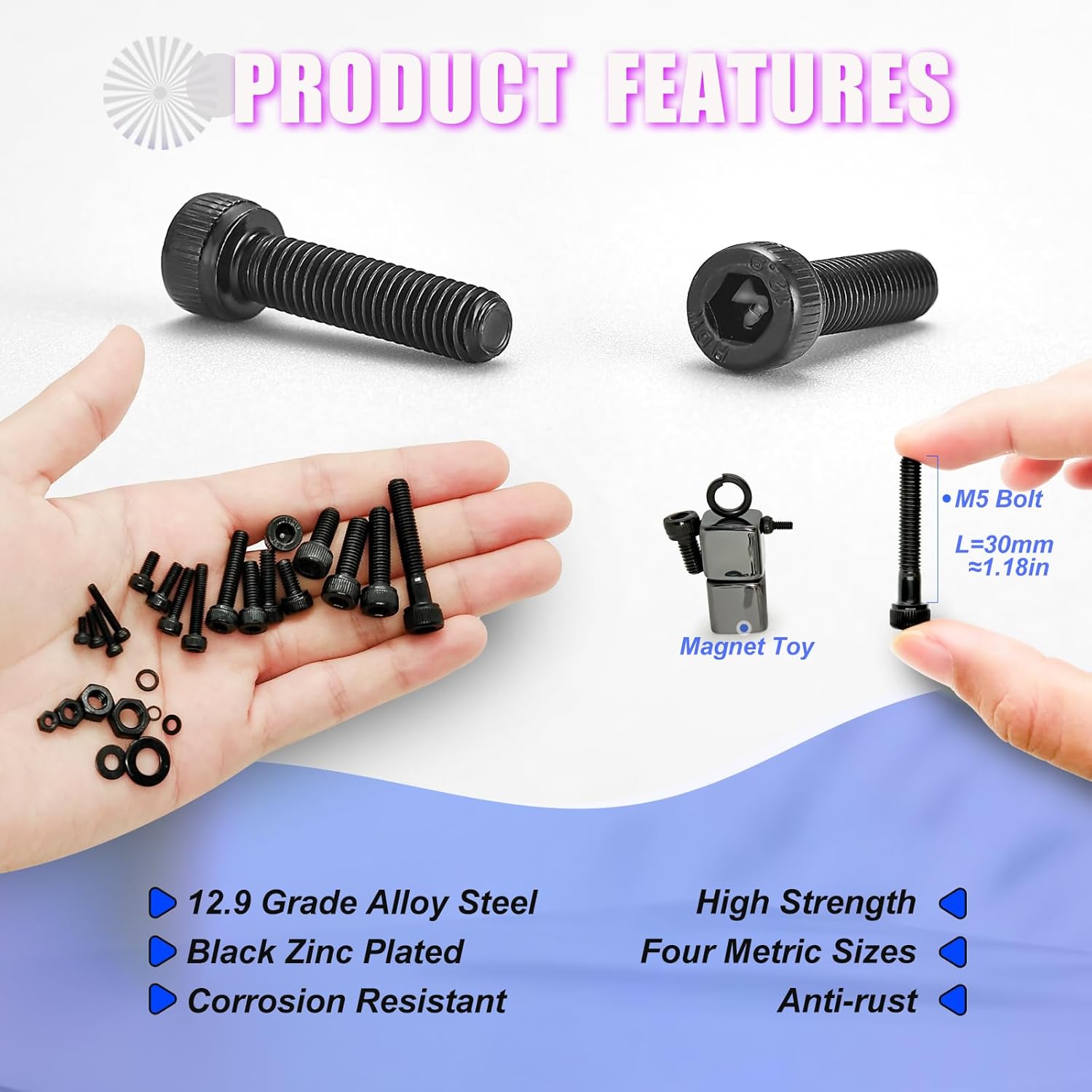 2240PCS Metric Screw Assortment,M2-M5 Metric Screw Kit, Hex Socket Metric Bolts, Metric Machine Screws 12.9 Grade Alloy Steel,Black Zinc Plated,Free Allen Head Wrench