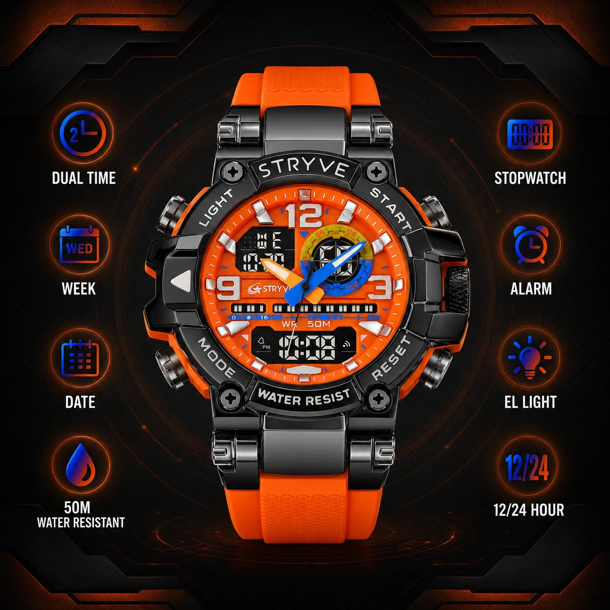 MASTOP Montre de sport colorée pour homme - Grand cadran - 55 mm - Étanche jusqu'à 50 m - Étanche jusqu'à 50 m - Style militaire - Affichage de la date - Alarme LED - Robuste - Pour l'entraînement, la