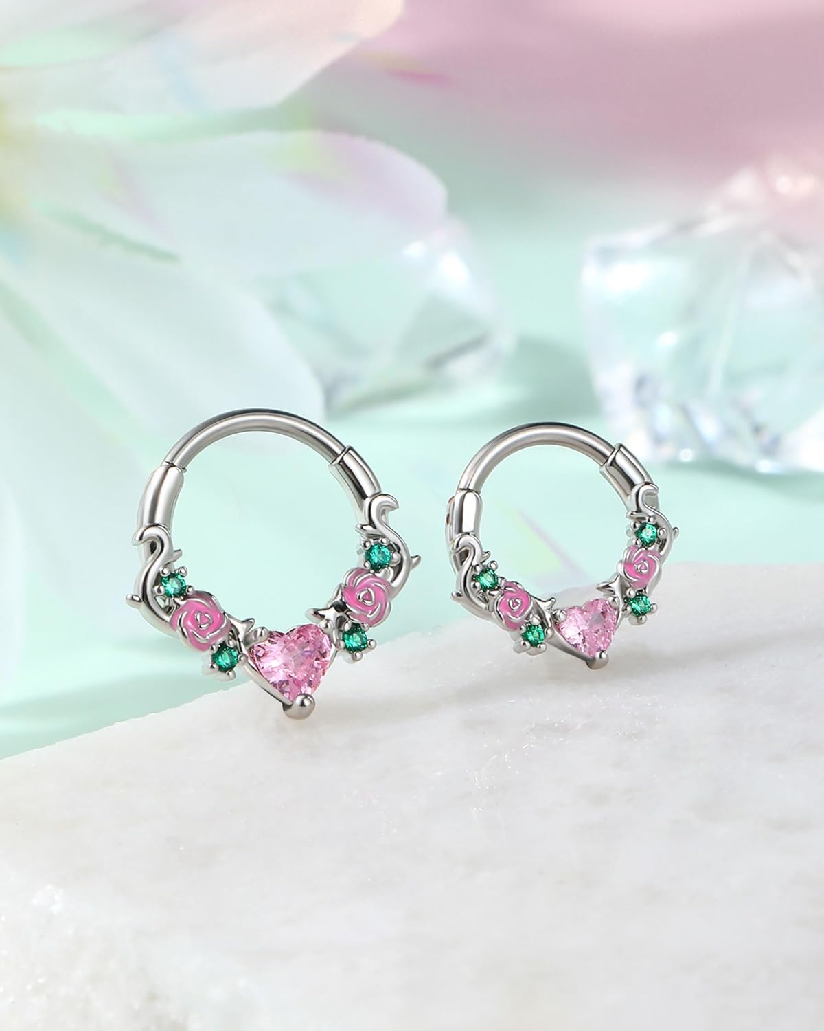 Jewseen Rose Septum Rings 16G Hinged Segment Rings 316L Stainless Steel Daith Earrings Heart CZ Septum Daith Cartilage Piercing Jewelry for Women - Image 5