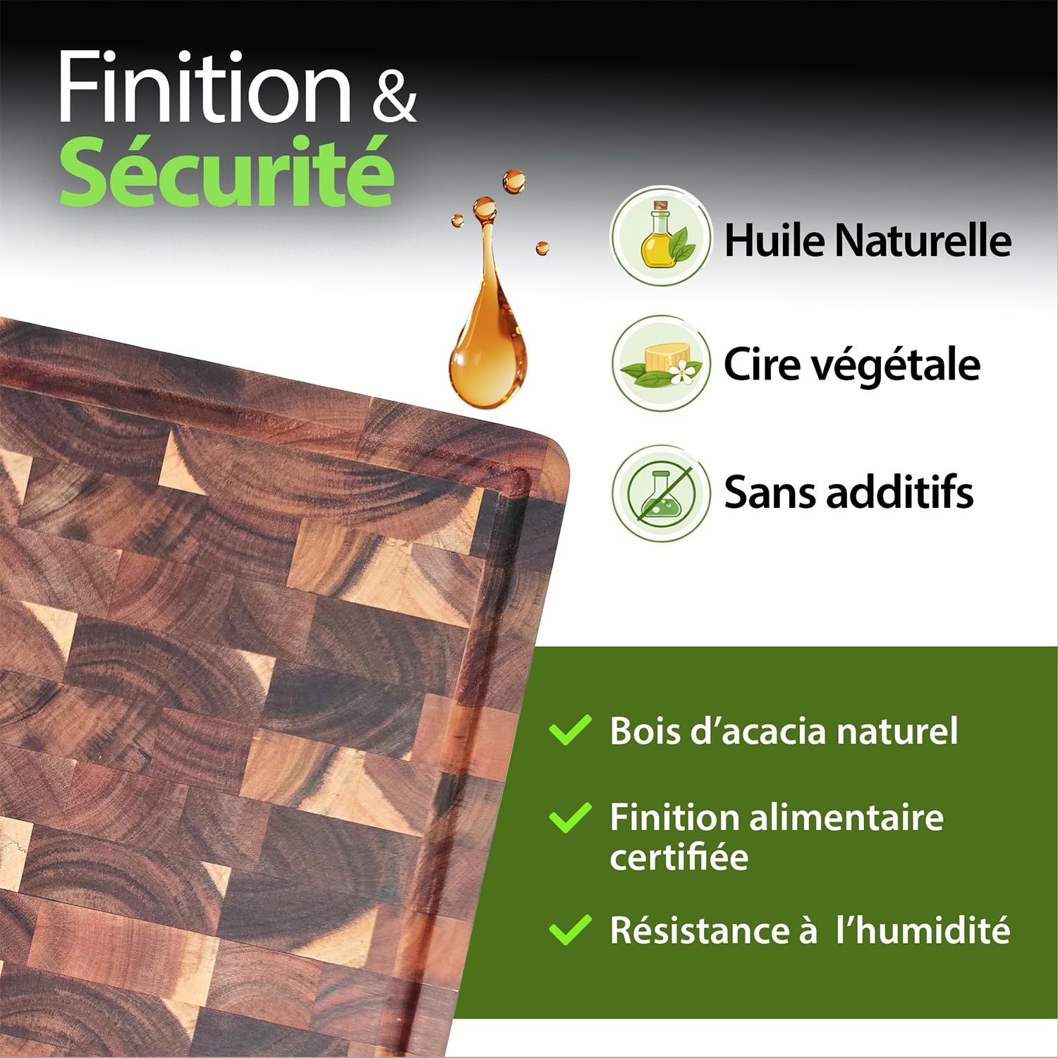 Novaki Planche à Découper Acacia Premium 40x30x2,5 cm – Bois de Bout Naturel, Double Face avec Rainure à Jus et Poignées – Fabrication Responsable et Matériaux Durables