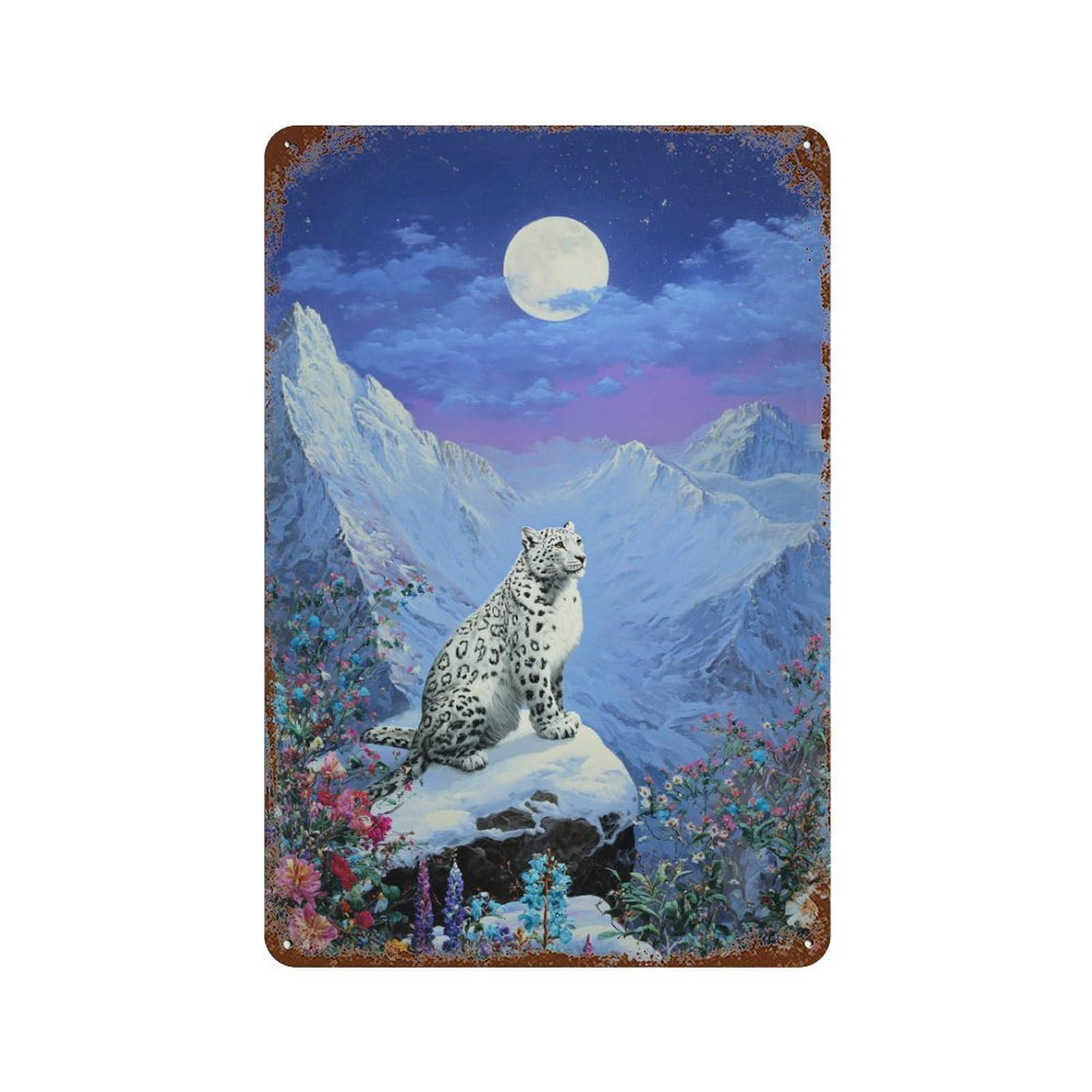 Snow Leopard Moonlit Mountain Scene-1 Rust Effect Tin Sign 11.8"x7.9", Decorative Metal Wall Art for Living Room, Hallway And Home Decor