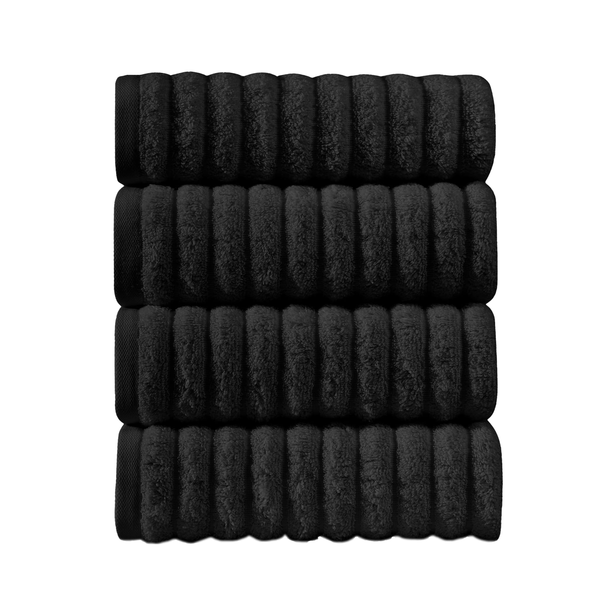 Elegant Comfort Luxury 100% Turkish Cotton Corduroy Ribbed 4 Pack Hand Towel Set 16 x 28 Inch - Absorbent, Super Soft, Quick Dry, Premium Towels for Bathroom, Gym, Spa and Hotel Use, Black