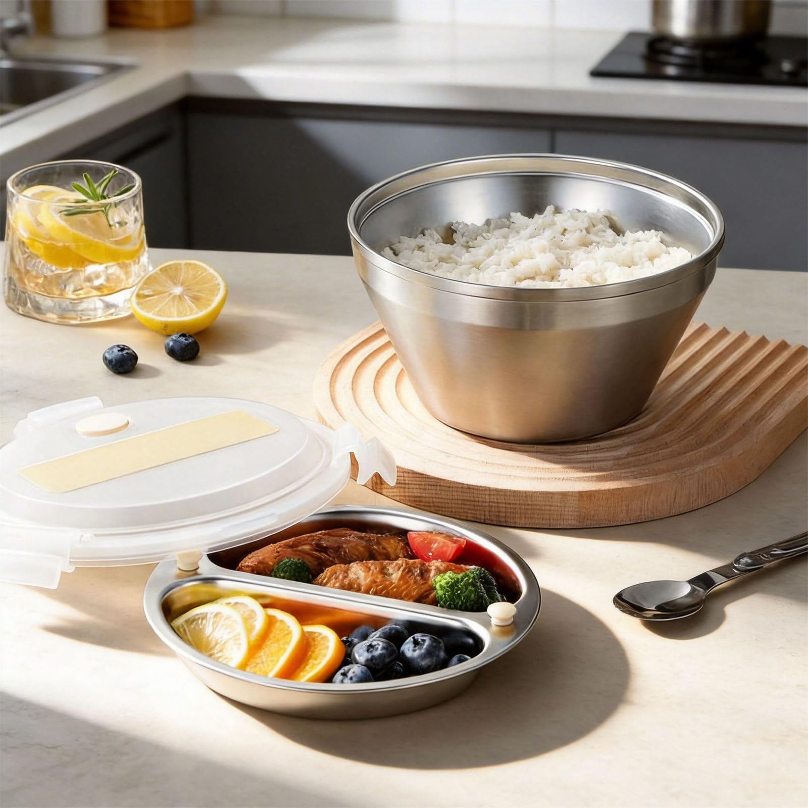 Pratico Contenitore per Alimenti a Doppia Parete in Acciaio Inossidabile, Contenitore per Pranzo a Scomparti Multipli, per Picnic e Lavoro, Contenitore per Pranzo antiruggine per Uso