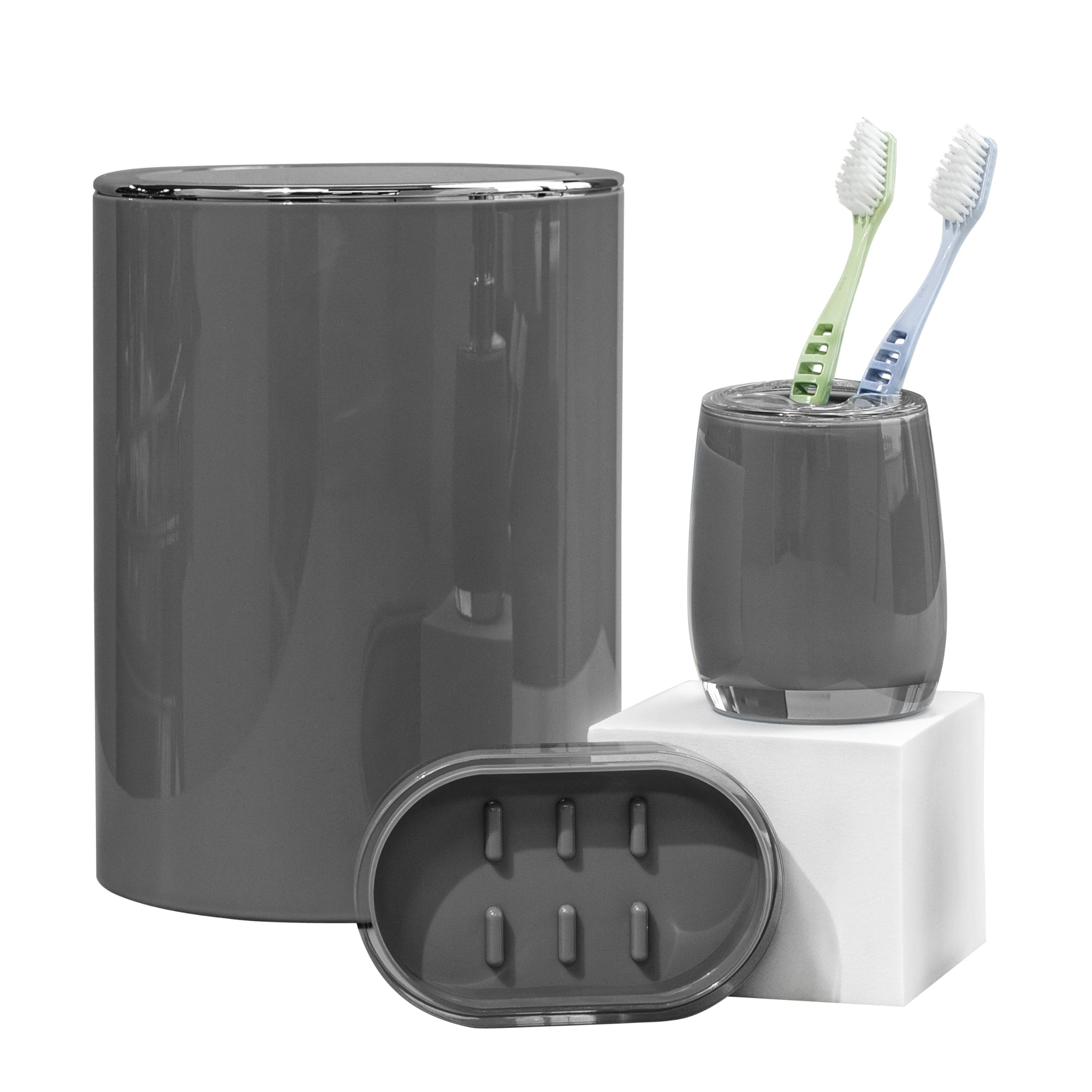 bremermann Bad-Serie Savona - Badezimmer Zubehör-Set 3tlg. bestehend aus 1x Kosmetikeimer 5,5 Liter, 1x Zahnputzbecher 1x Seifenschale, Badaccessoires aus Kunststoff, grau