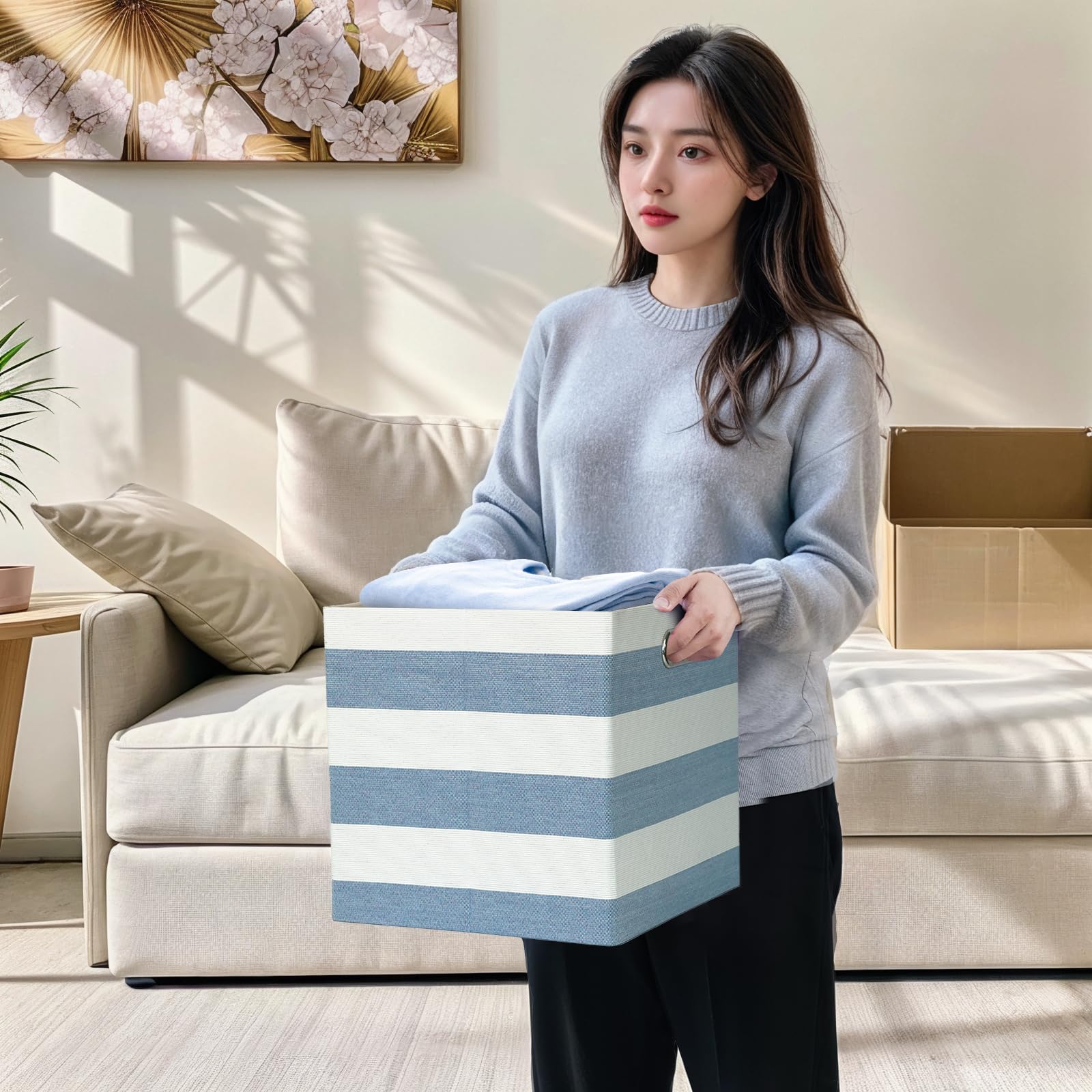 Würfelförmige Aufbewahrungsbehälter, zusammenklappbare Aufbewahrungswürfel, Aufbewahrungsboxen aus Stoff für Home-Office-Kleiderschrankregale, 4er-Pack, 33x33x33 cm, Blau/Weiß | Faltbare Stoffbehälter mit Griffen, gestreifte Boxen für Büro, Kleiderschrank