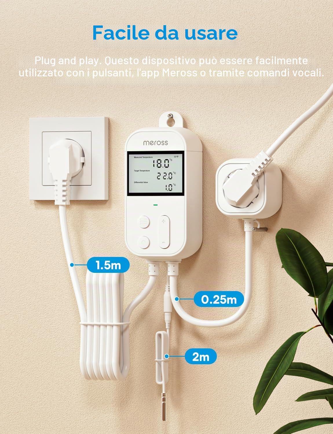 Meross Regolatore di temperatura Smart Termostato Presa per HomeKit Digitale WiFi Termostato Riscaldamento Presa con Sonda per Riscaldamento e Raffreddamento 16 A, 2,4 GHz