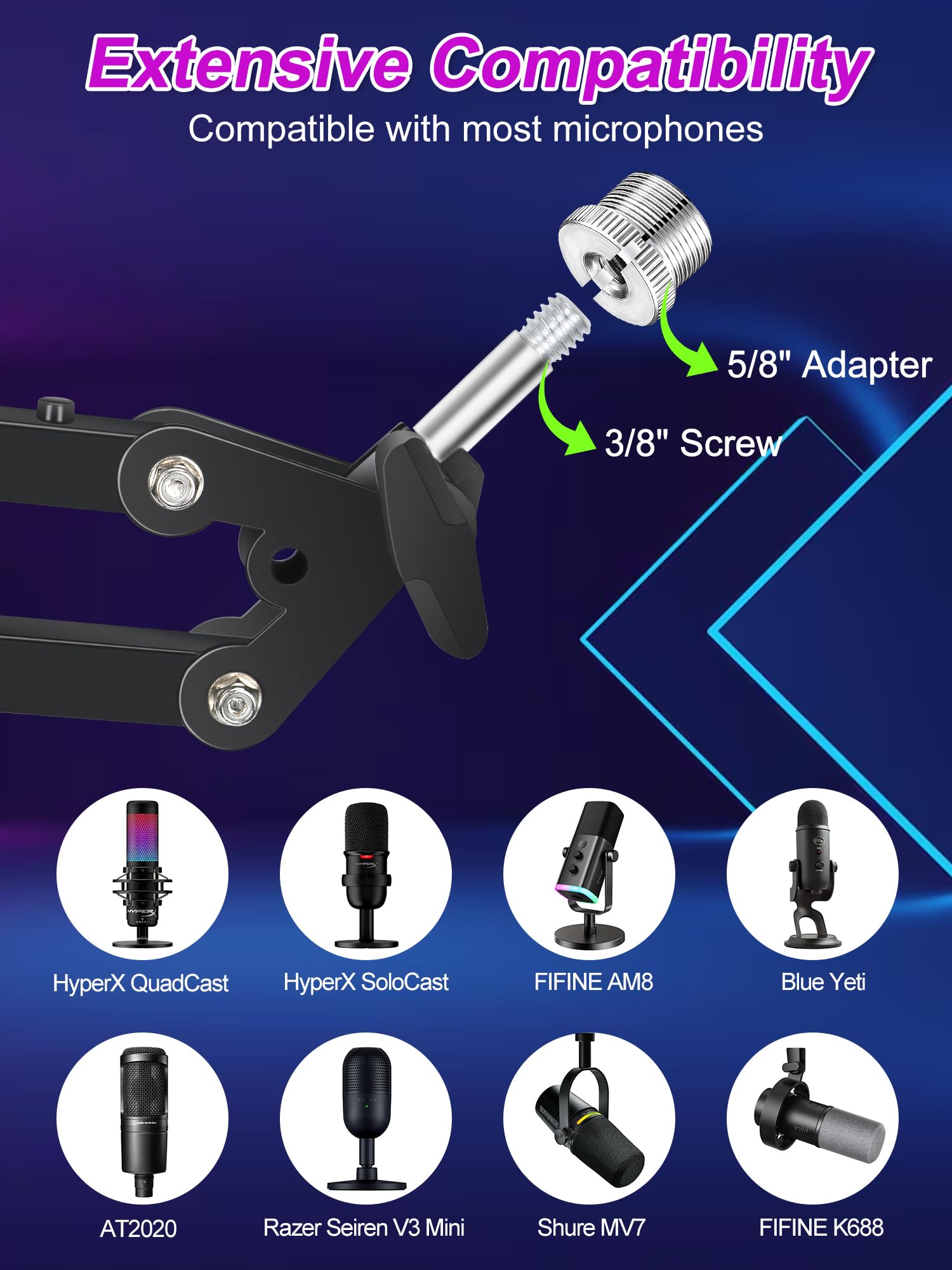 RGB Microphone Boom Arm Stand - Mic Arm for Blue Yeti Mic, HyperX Mic, FIFINE AM8 Mic, Razer Seiren Mini and Most Microphone, Mic Stand Desk by YOUSHARES - Image 3