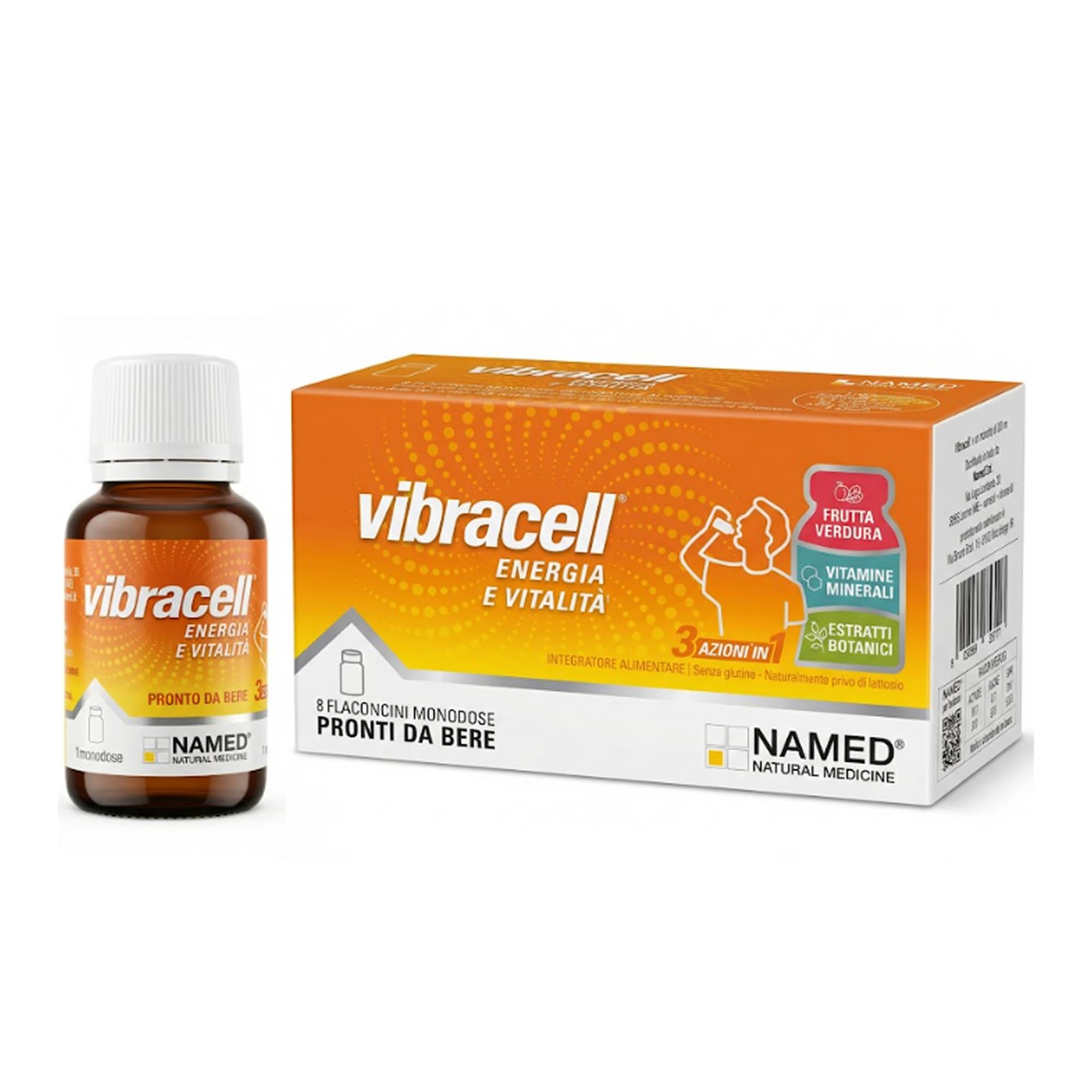 NAMED Vibracell Integratore Alimentare Concentrato Liquido di Succhi di Frutta, Verdura e Estratti Botanici | Vitamine, L-​Carnitina e Pappa Reale | Energia e Vitalità Adulti e Bambini | 8 Flaconi 15ml