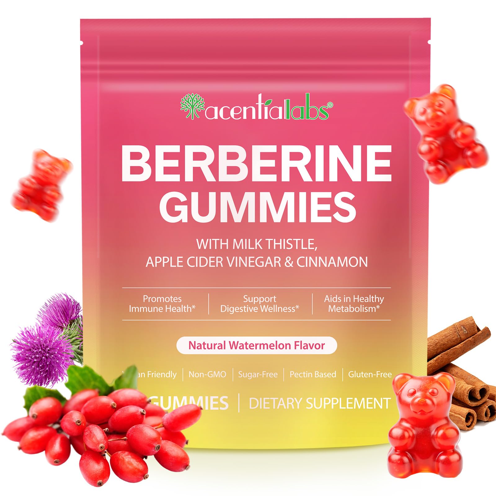 Berberine Gummies with Ceylon Cinnamon | High Potency Berberine Supplement for Metabolism, Energy, Sugar-Free | 60 Gummies