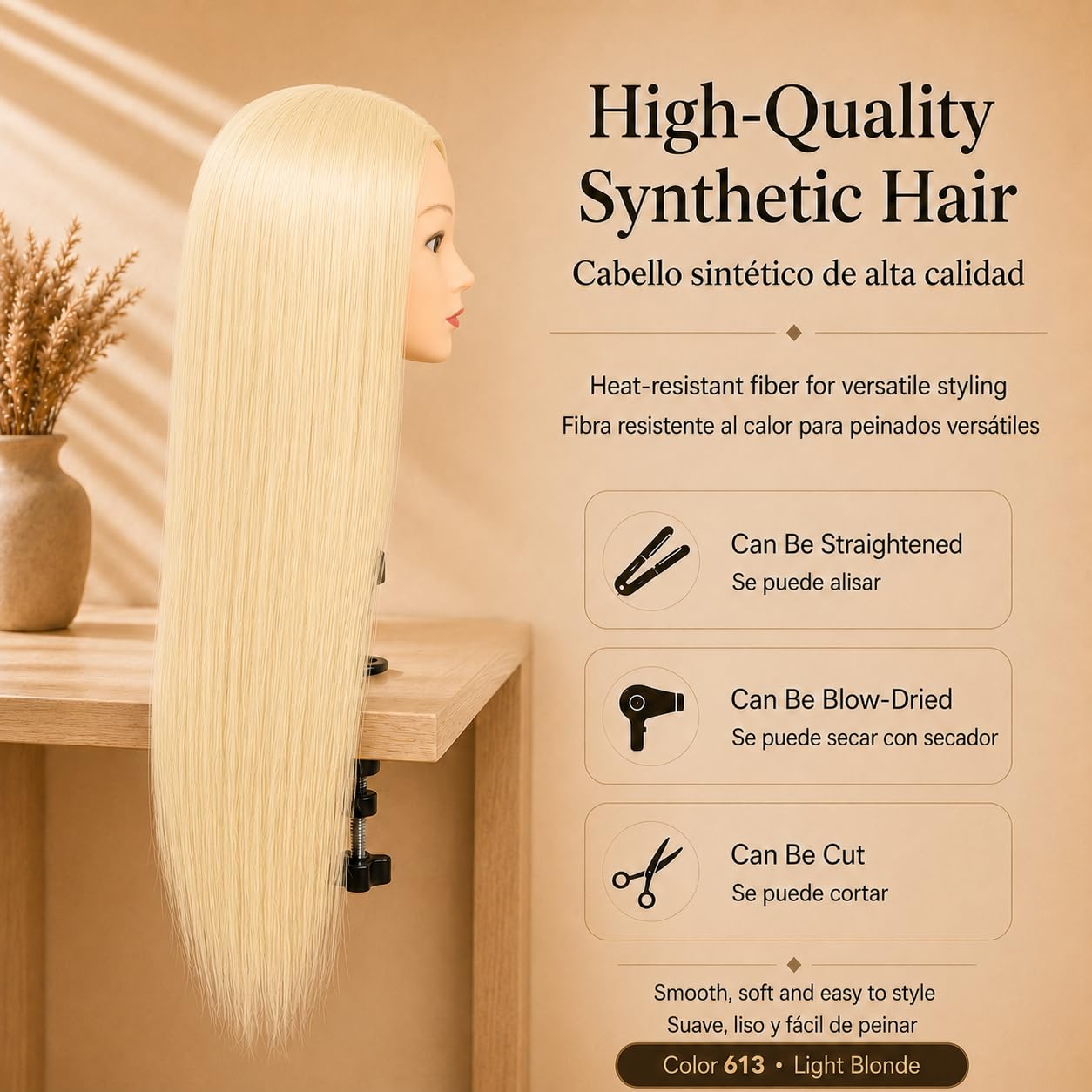 Cabeza de Maniquí para Peluquería, Cabello Sintético 60 cm/24" Resistente al Calor con Soporte, Cabeza de Prácticas para Peinados y Cosmetología (613 · Rubio Claro)