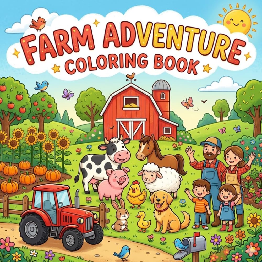 FARM ADVENTURE COLORING BOOK: 40 Fun Farm Animal, Tractor, Harvest & Seasonal Coloring Pages for Kids and Adults.