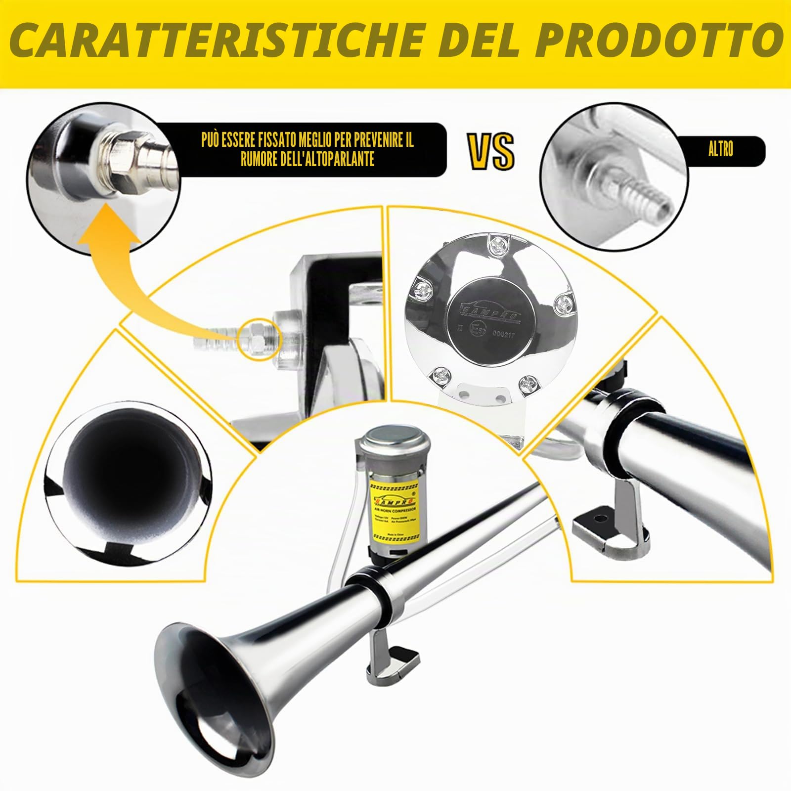 GAMPRO 12V 150dB Air Horn, 45cm Chrome Zinc Single Trumpet Air Horn con compressore per qualsiasi 12V Veicoli Camion Lorrys Treni Barche Automobili