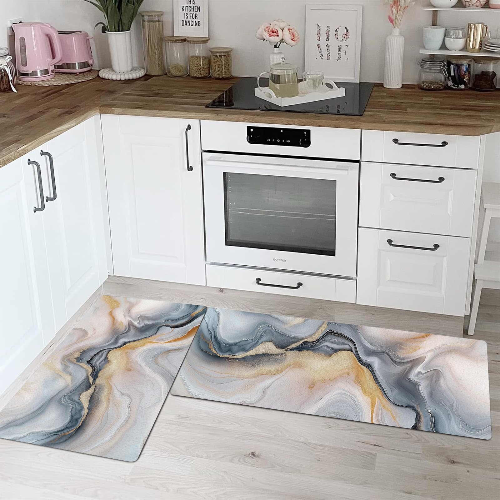 Tapetes de cocina de lujo con diseño de mármol gris y textura antifatiga