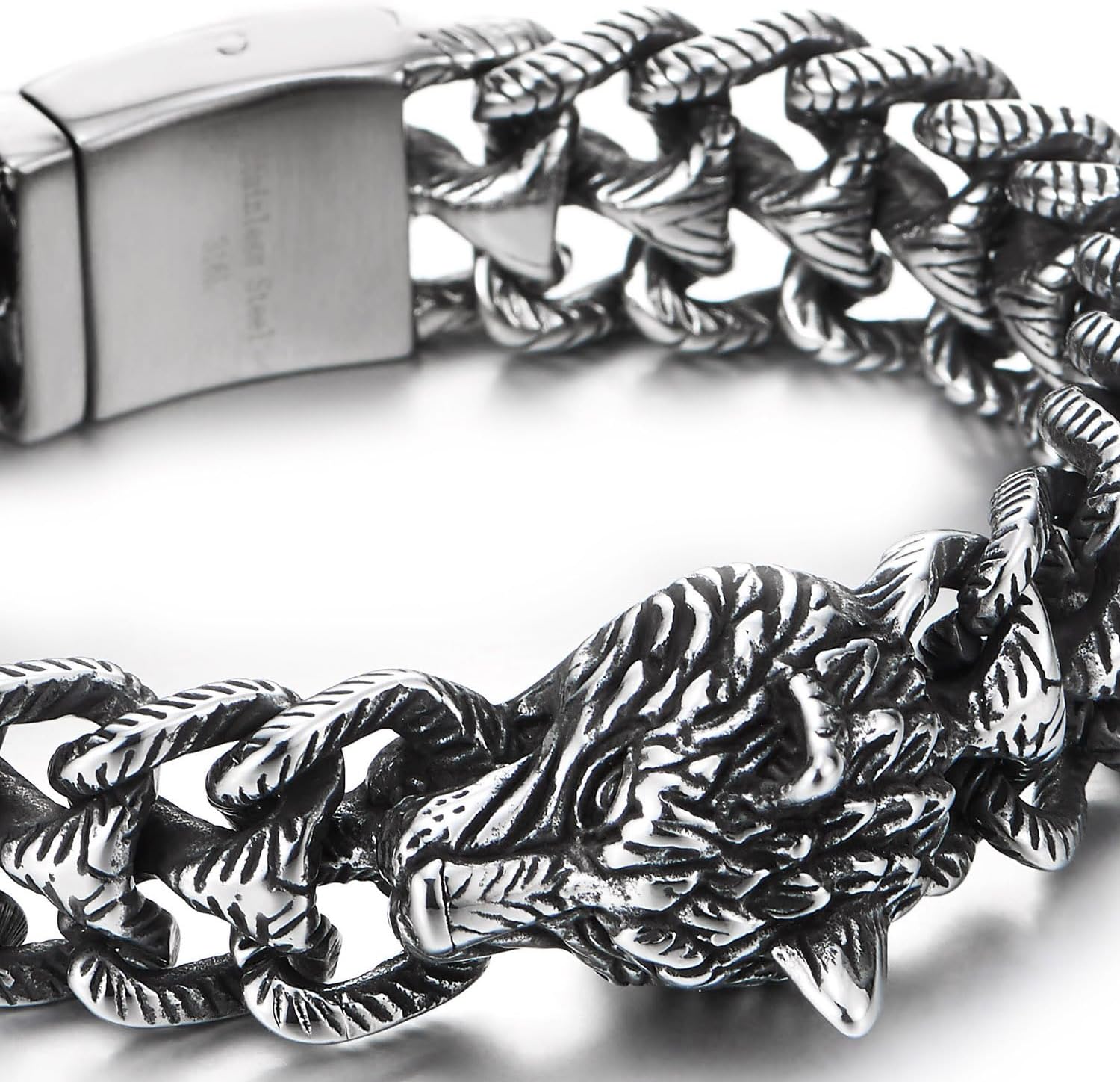 COOLSTEELANDBEYOND Men's Stainless Steel Wolf Head Bracelet, Textured Scale Link Curb Chain, Vintage Norse Viking - Image 3