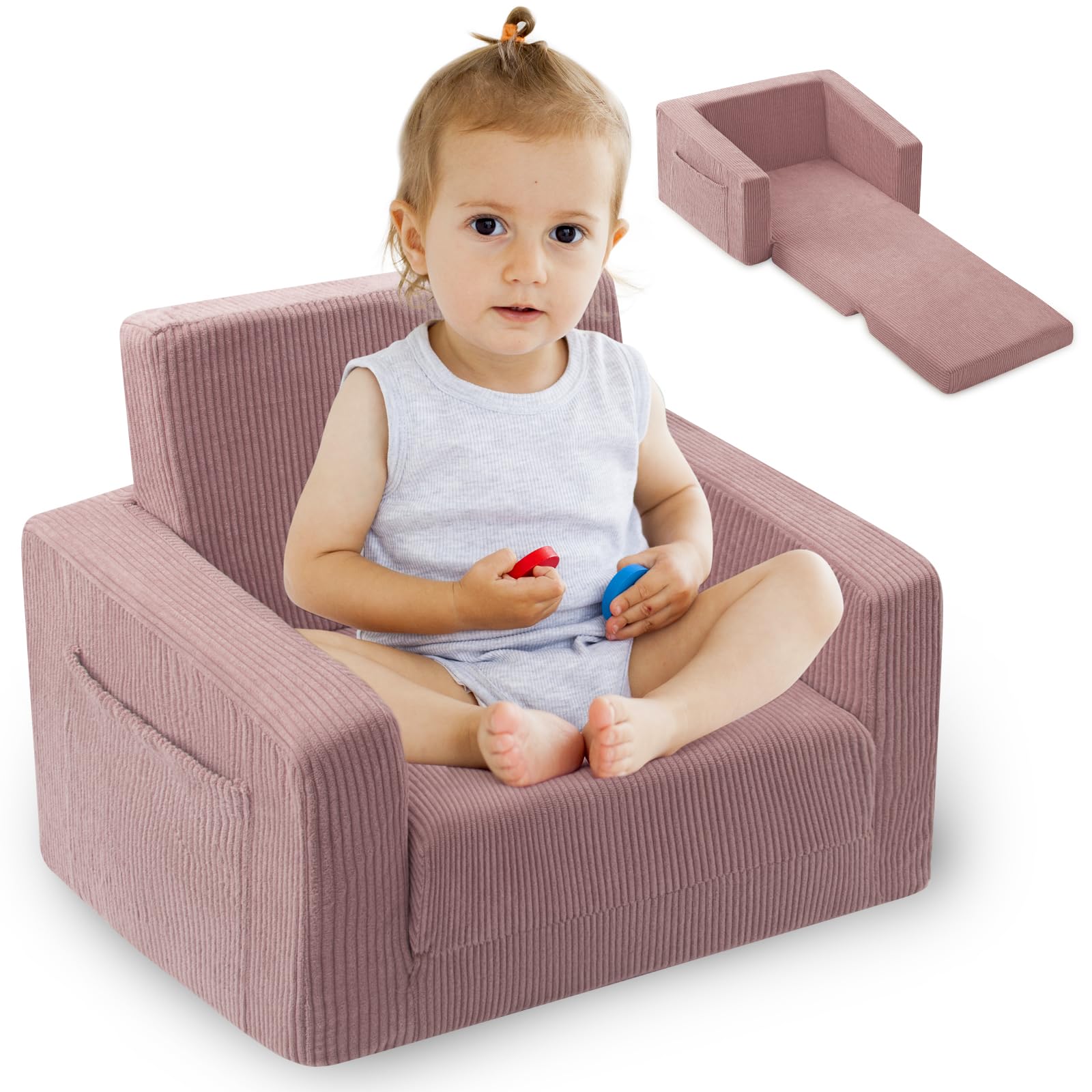 Toddle & Kids Chair,2-in-1 Soft Toddler Couches That Fold Out,Toddler Chairs Comfy 1-3 Years Old,Convertible Sofa to Lounge,Pink