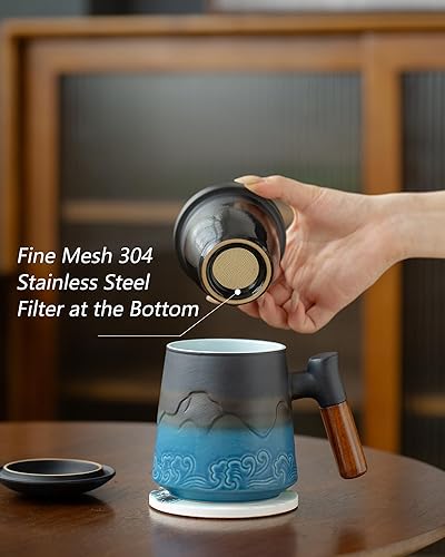 Miniatura 3 de ZENS Taza de té con infusor y tapa para colador de té de hojas sueltas, taza de té de cerámica de 15.2 oz con coladores de té finos y posavasos