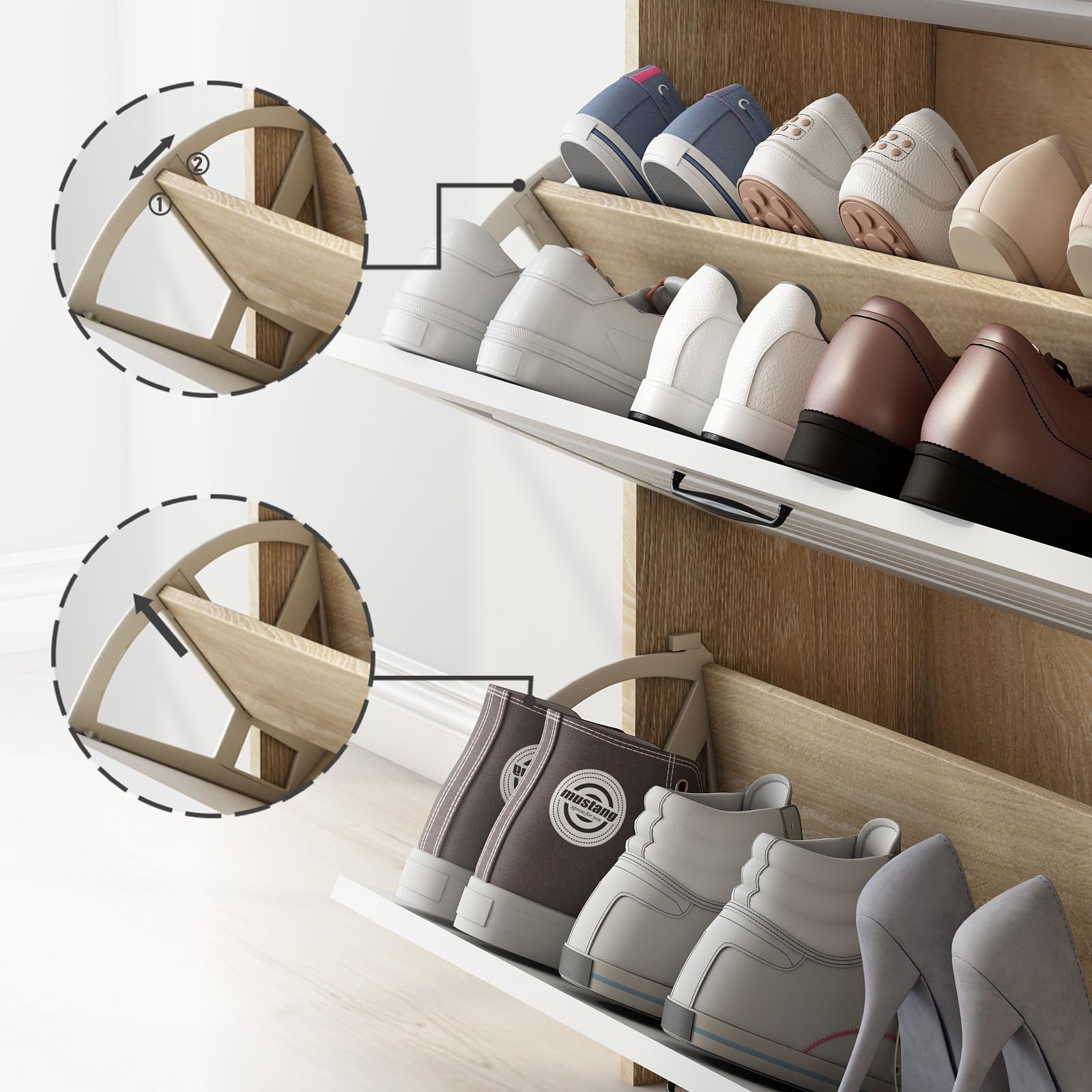 Zapatero con zapatero giratorio, compuesto por tres grandes solapas y dos cajones, zapatero de madera, zapatero, adecuado para zonas de entrada y salón. Dimensiones: 80 x 23,5 x 125 cm