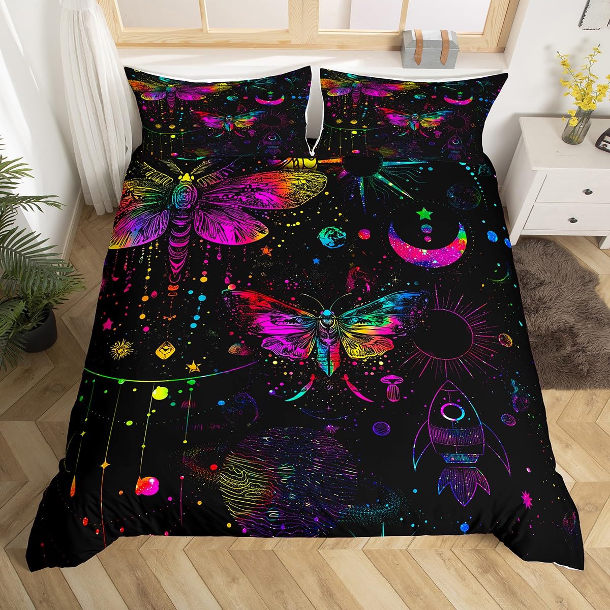 Bohemian Moth & Skull Comforter Set Queen - Black White Gothic Bedding, 3D Print Duvet Cover & Pillowcases - View #9