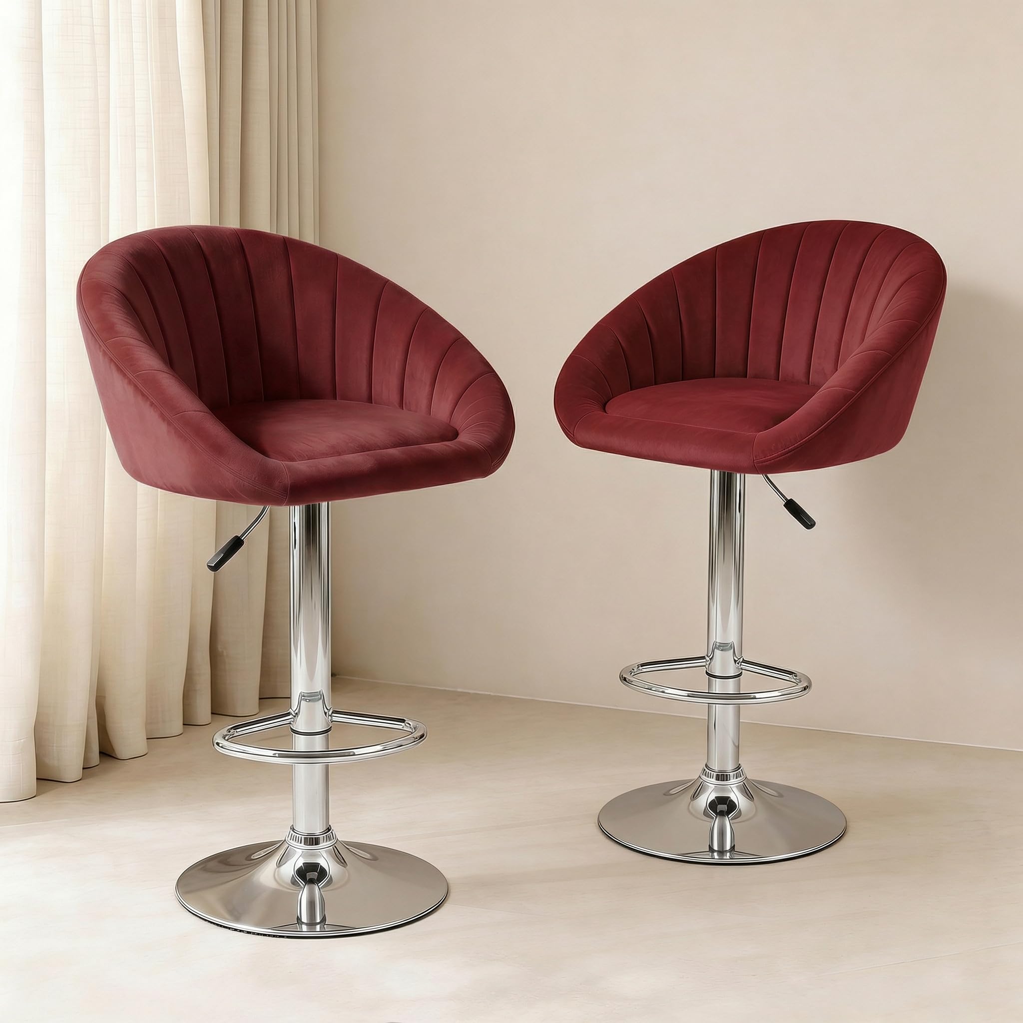 Adjustable Swivel Bar Stool Chair, Velvet Upholstered Counter Height Stool with Chrome Base, Padded Seat with Backrest & Footrest for Kitchen Island, Home Bar, Café, Office, Pub, Makeup-image-48