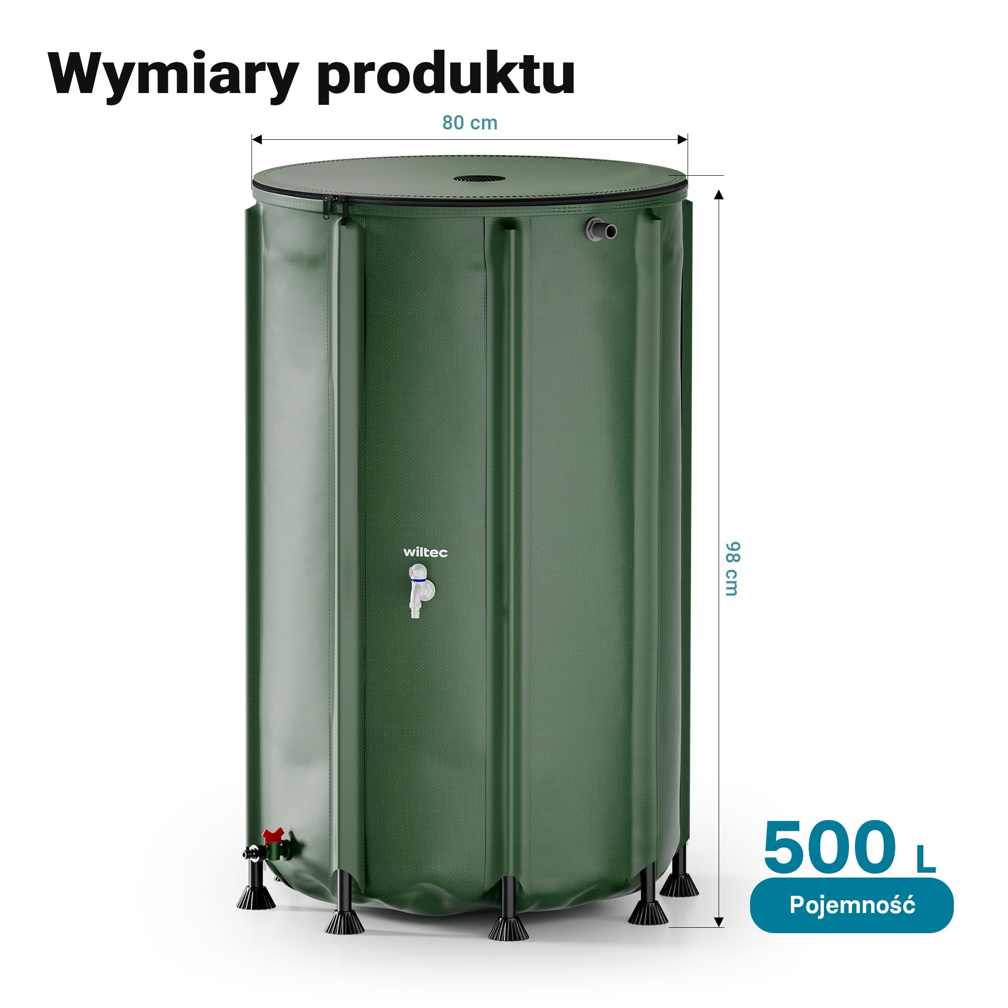 Wiltec Zbiornik na deszczówkę o pojemności 500 l, średnicy 80 cm i wysokości 98 cm, z pokrywką i kranem, beczka składana z tkaniny PVC 1000D na wodę