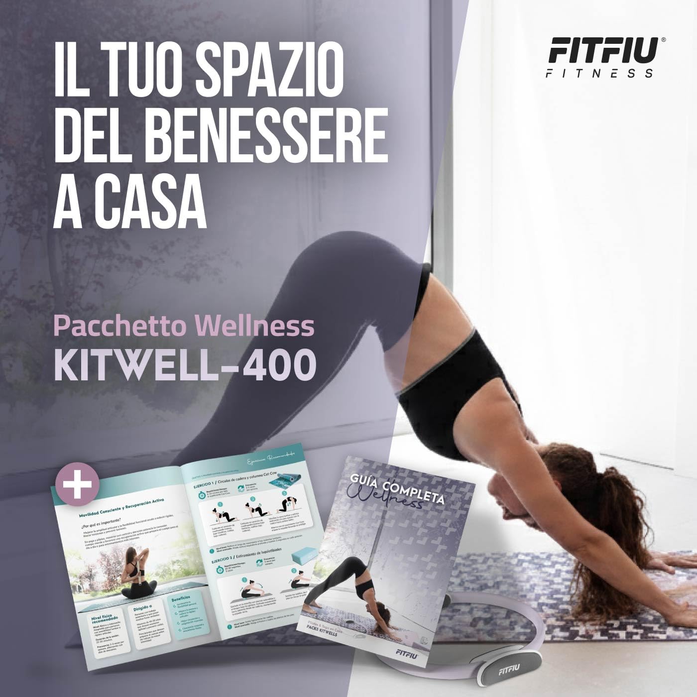 Fitfiu Fitness KITWELL-400 Pack di 4 Accessori Yoga Pilates Colore Lilla con Tappetino, Blocco, Anello e Cinghia Include Guida di Esercizi Wellness